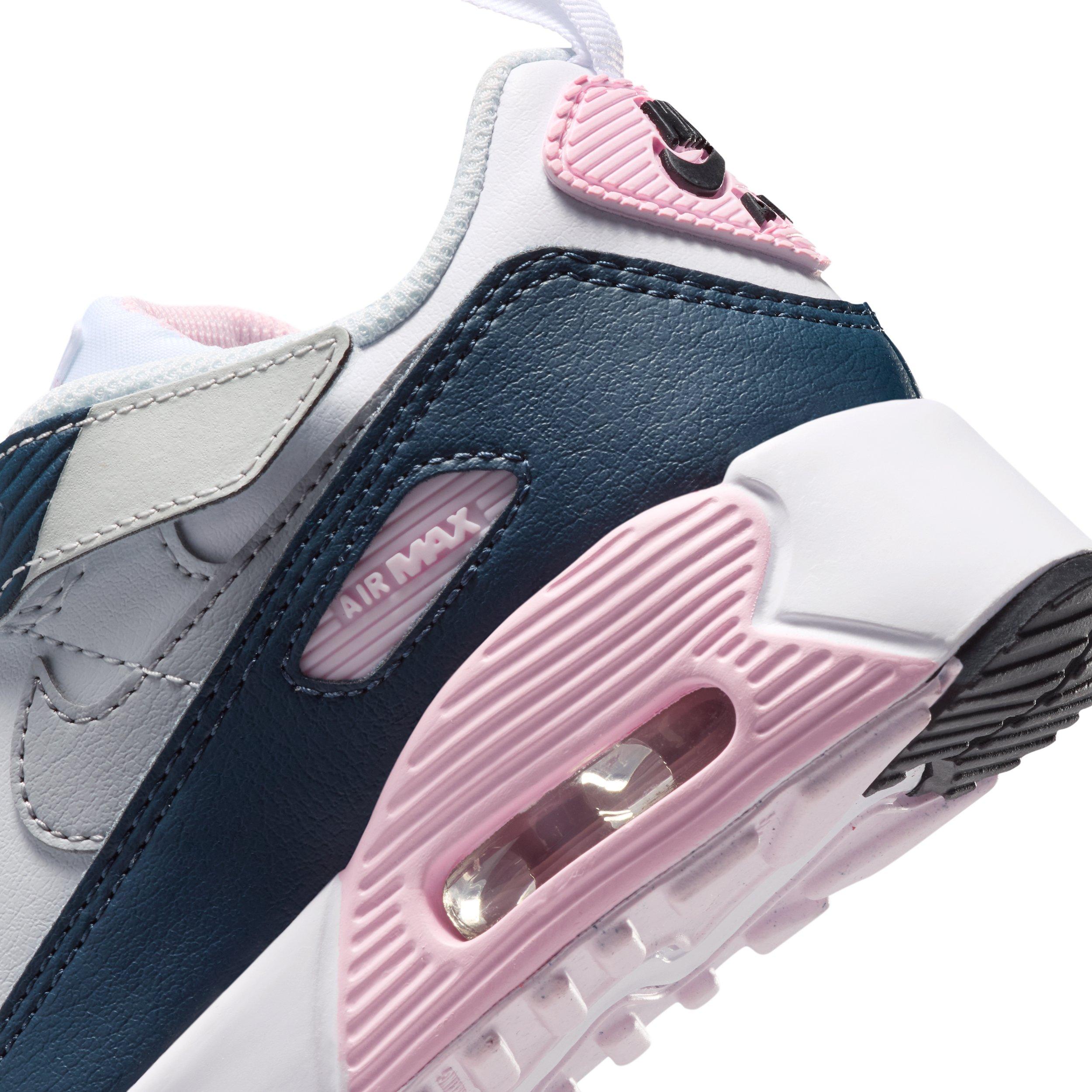 Nike Air Max 90 EasyOn "White/Pink Foam/Armory Navy/Wolf Grey" Preschool Girls' Shoe - WHITE/PINK/NAVY/GREY Thumbnail View 8