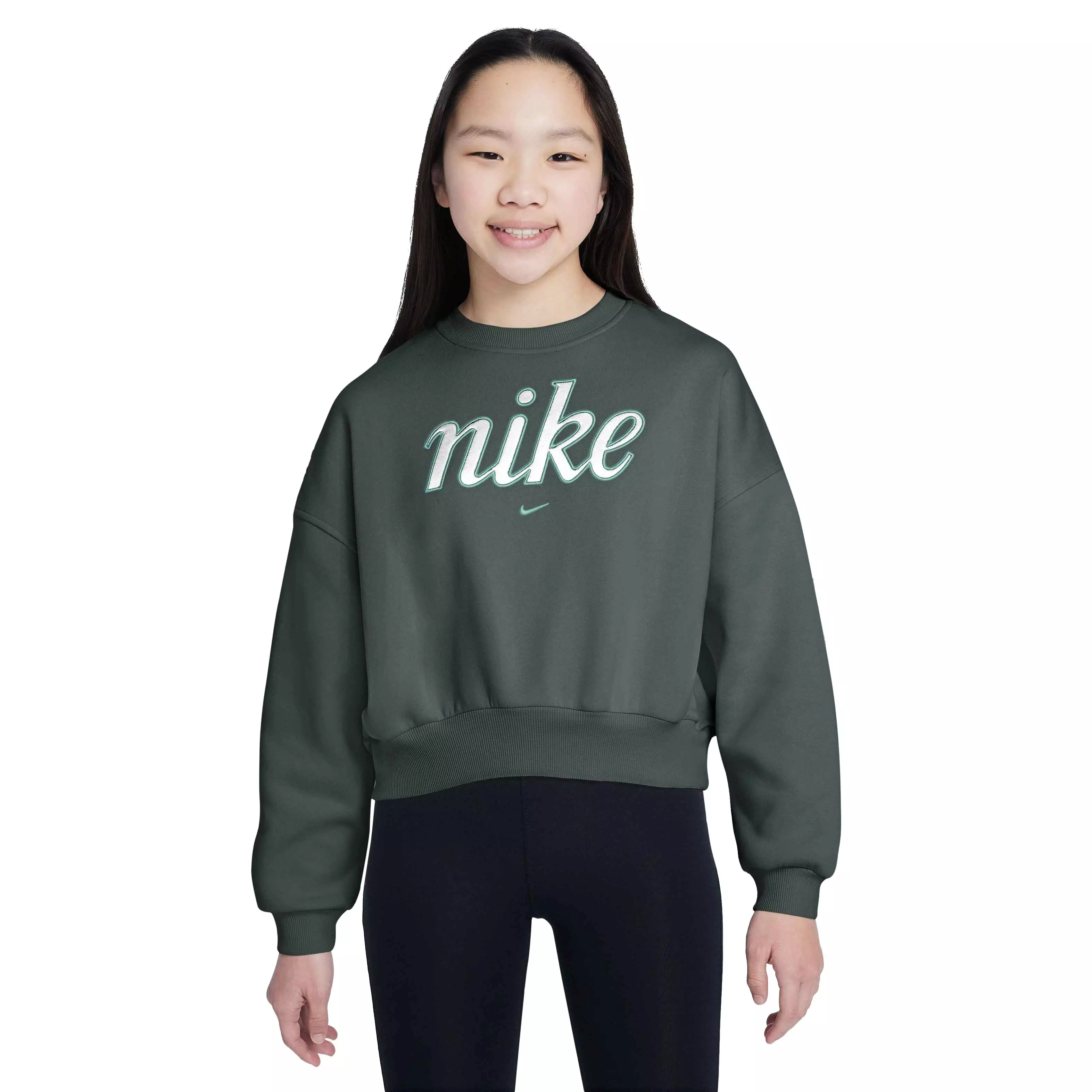Nike Big Girls' Sportswear Club Fleece Boxy Crew-Neck Sweatshirt - GREEN