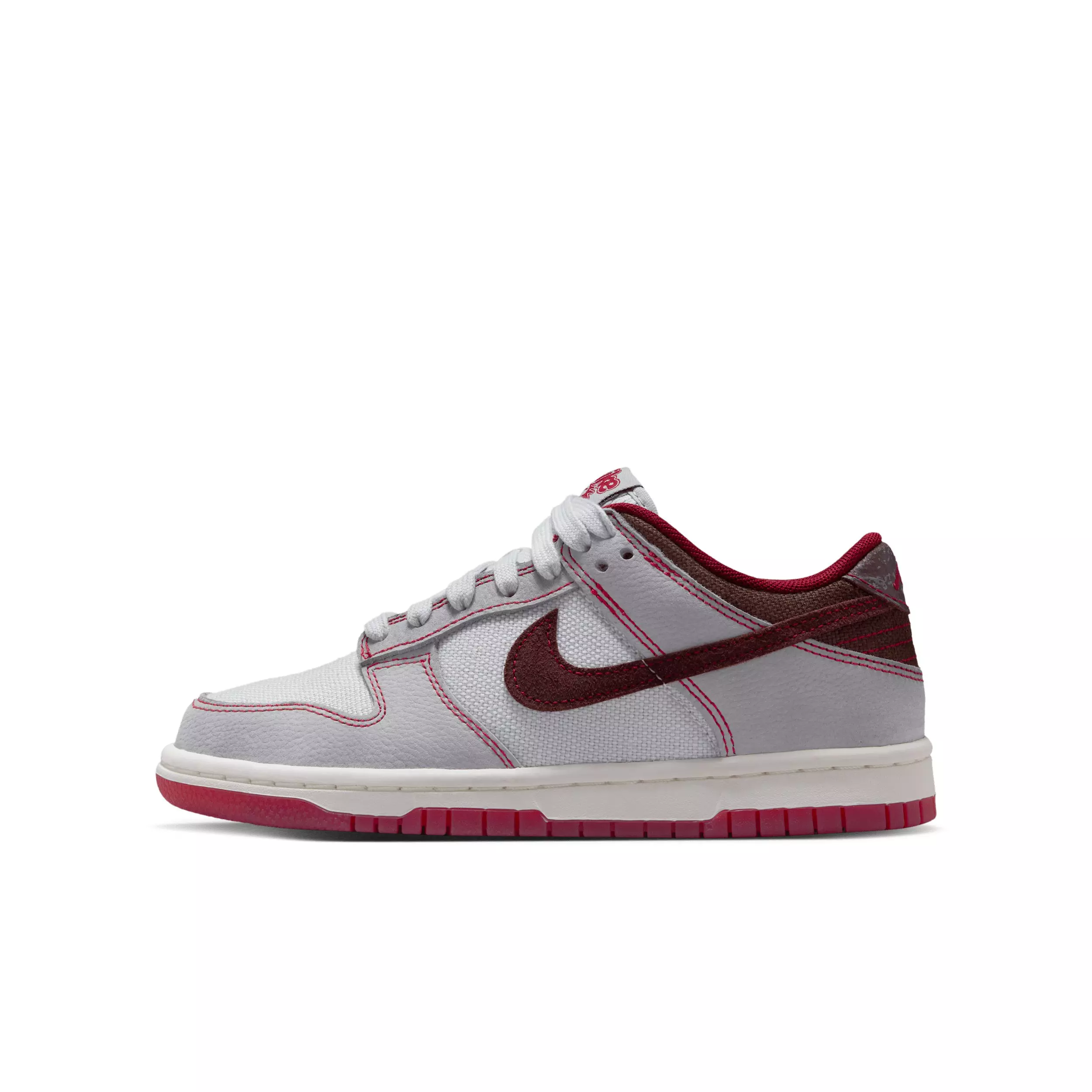 Nike Dunk Low LV8 1 "Pure Platinum/Wolf Grey/Team Red/Burgundy Crush" Grade School Boys' Shoe - PLATINUM/GREY/RED/BURGUNDY