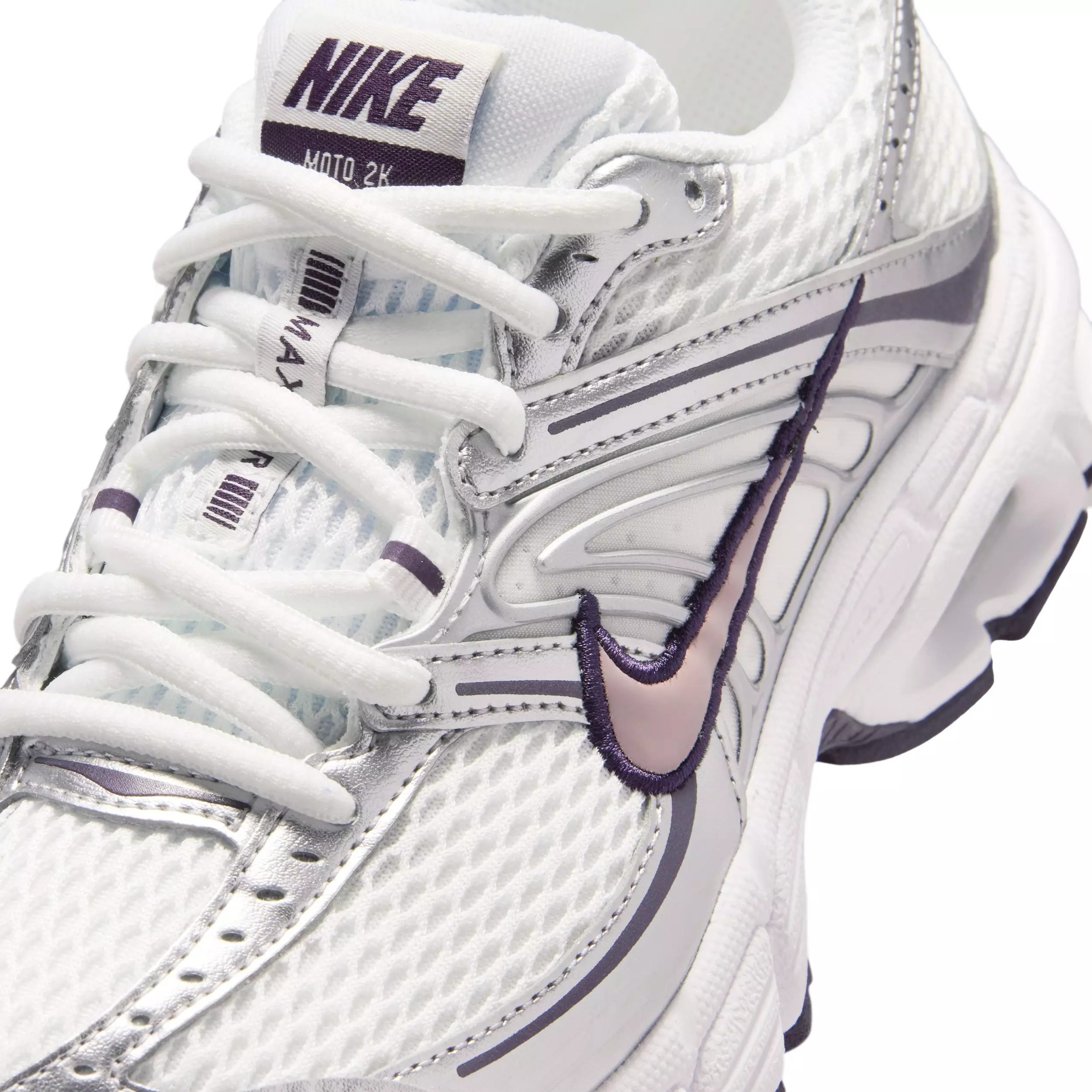 Nike Air Max Moto 2K "Summit White/Purple Dynasty/Silver/Light Violet Ore" Grade School Girls' Shoe - WHITE/PURPLE/SILVER/LT VIOLET