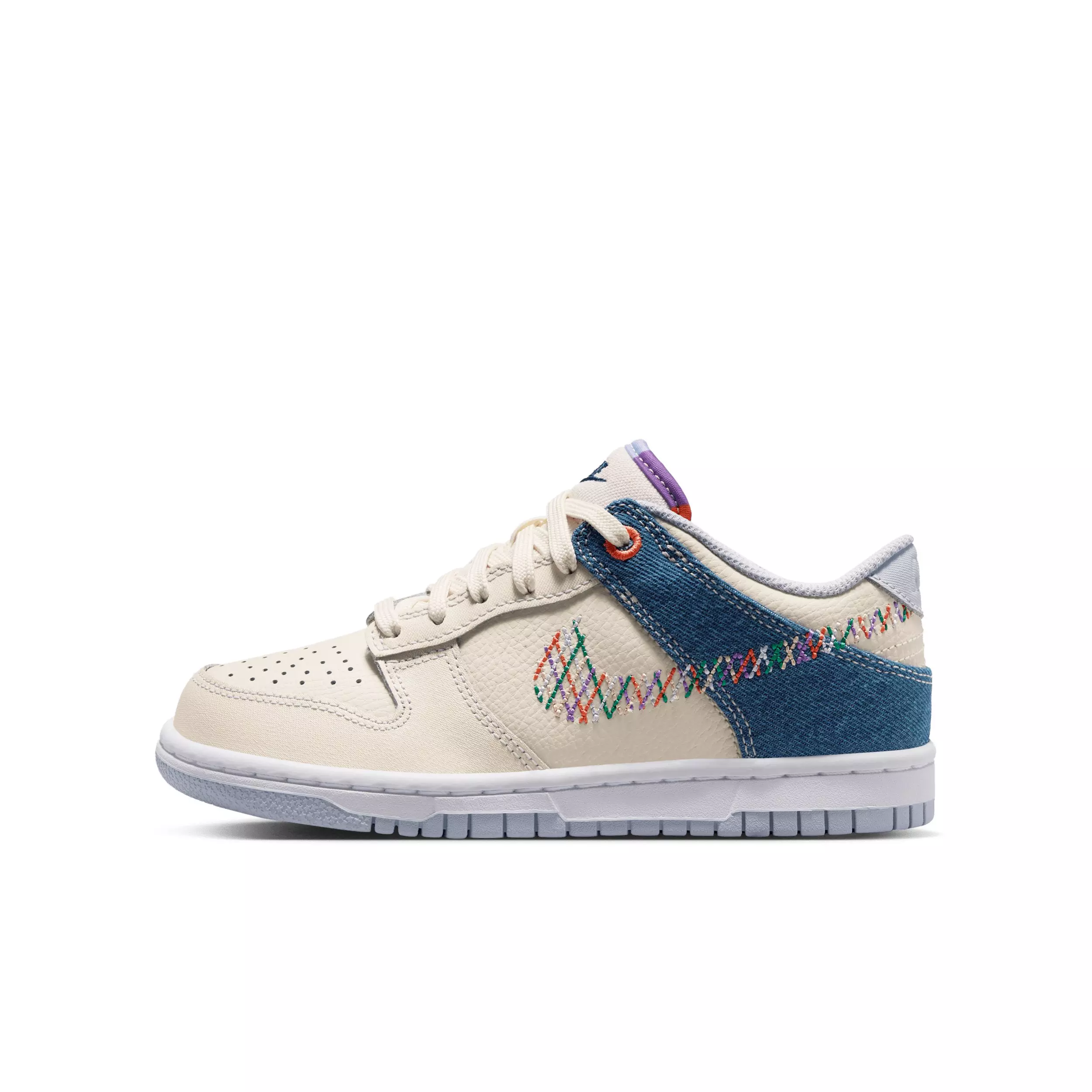 Nike Dunk Low "Soft Pearl/Blue Denim/Midnight Navy/Multi-Color" Grade School Girls' Shoe - PEARL/BLUE/NAVY/MULTICOLOR