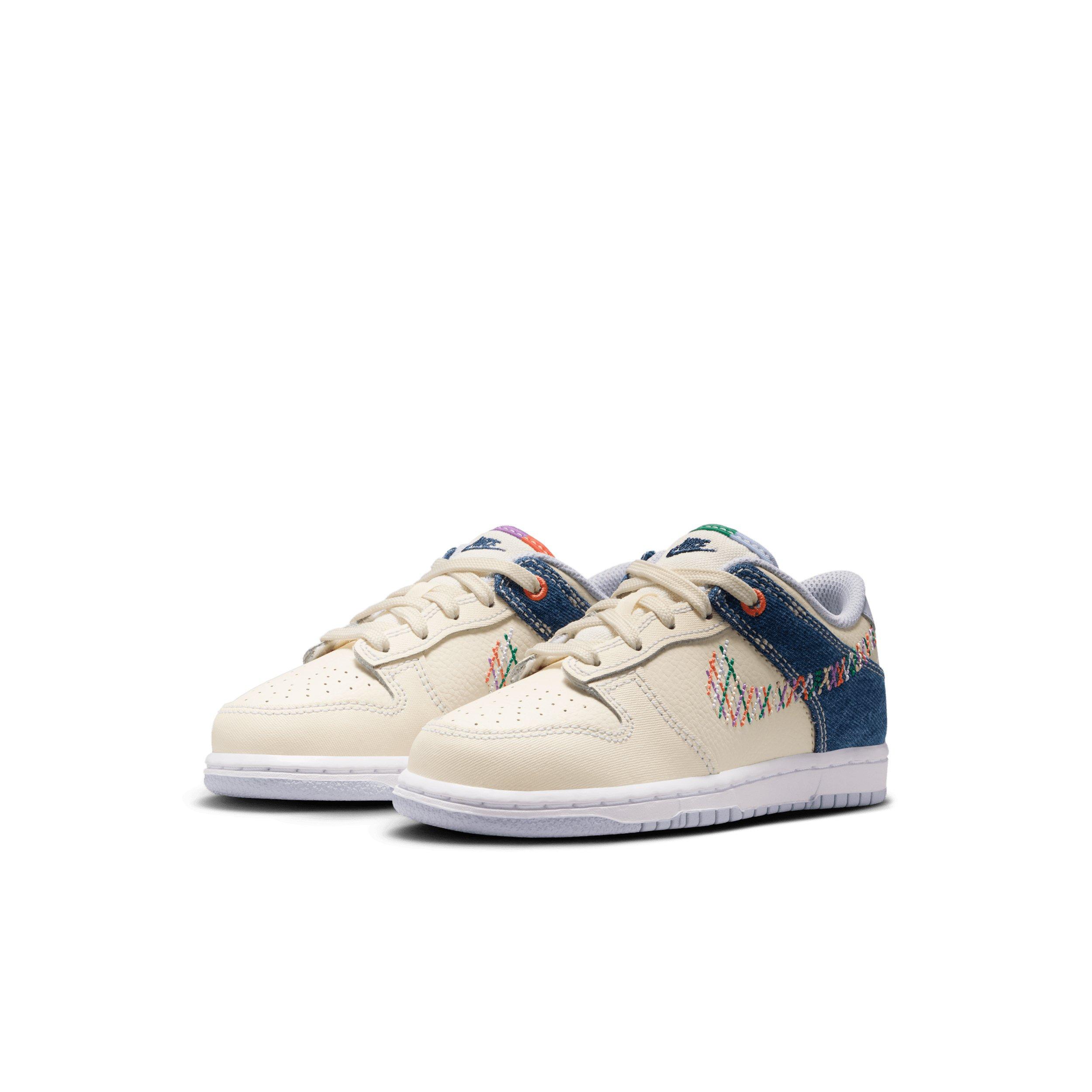 Nike Dunk Low "Soft Pearl/Blue Denim/Midnight Navy/Multi-Color" Preschool Girls' Shoe - PEARL/BLUE/NAVY/MULTICOLOR Thumbnail View 3