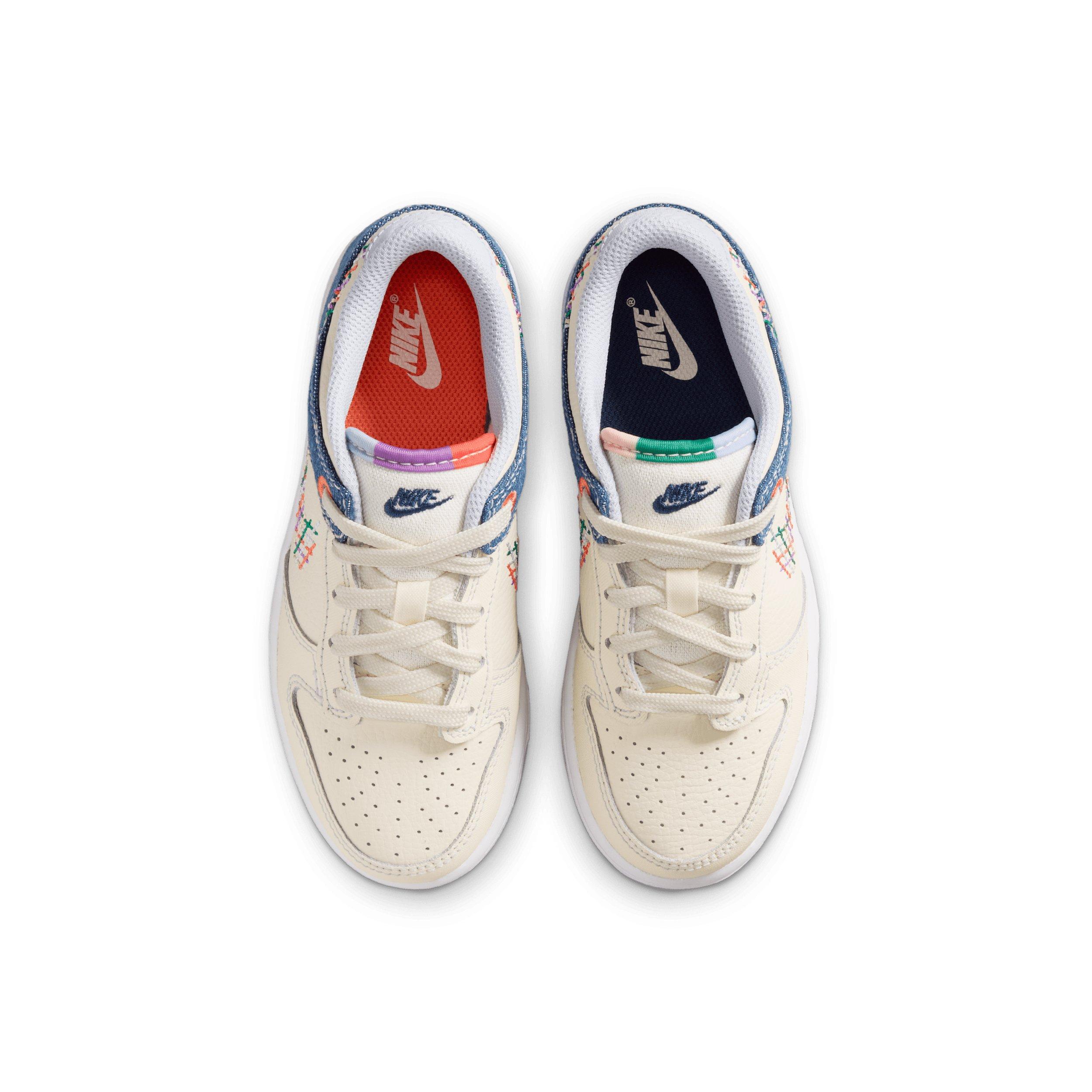 Nike Dunk Low "Soft Pearl/Blue Denim/Midnight Navy/Multi-Color" Preschool Girls' Shoe - PEARL/BLUE/NAVY/MULTICOLOR Thumbnail View 4