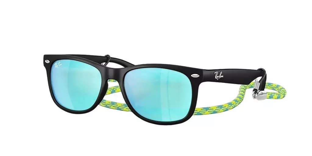 Ray-Ban Youth New Wayfarer Kids Summer Capsule Light Green Mirror Blue Sunglasses – Polished Black - BLACK/GREEN