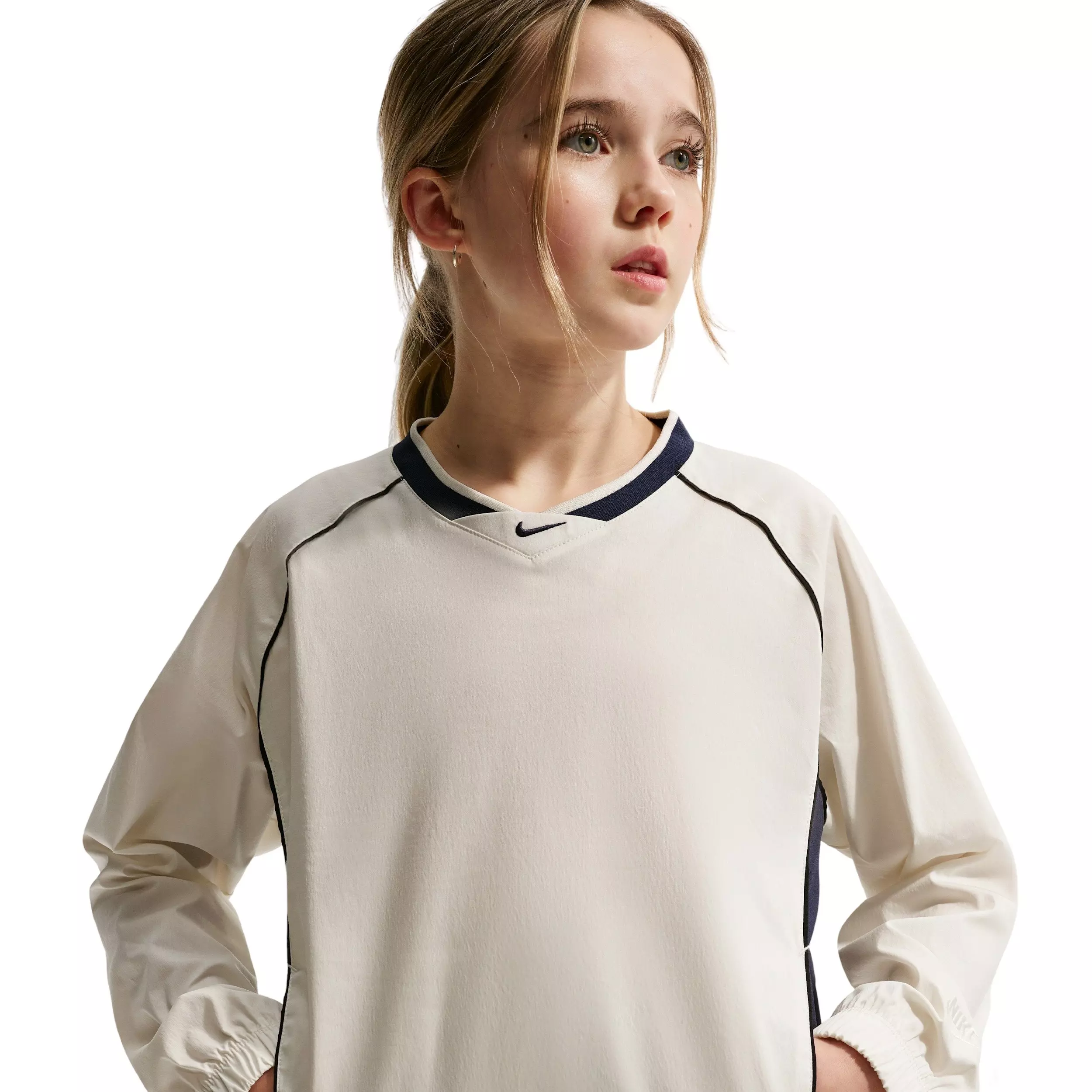 Nike Big Kids' Sportswear Woven V-Neck Long Sleeve Top - Cream/Navy - CREAM/NAVY