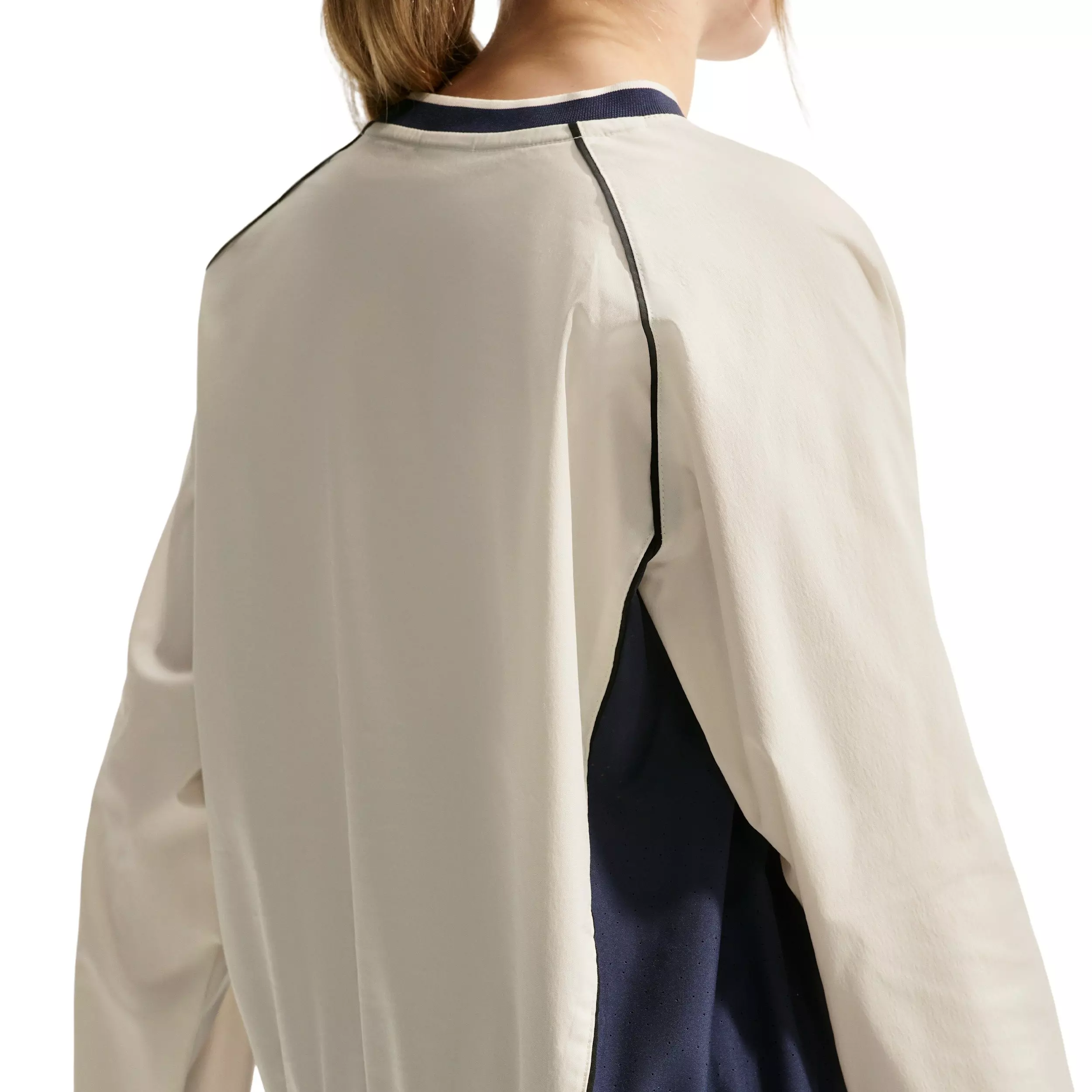 Nike Big Kids' Sportswear Woven V-Neck Long Sleeve Top - Cream/Navy - CREAM/NAVY