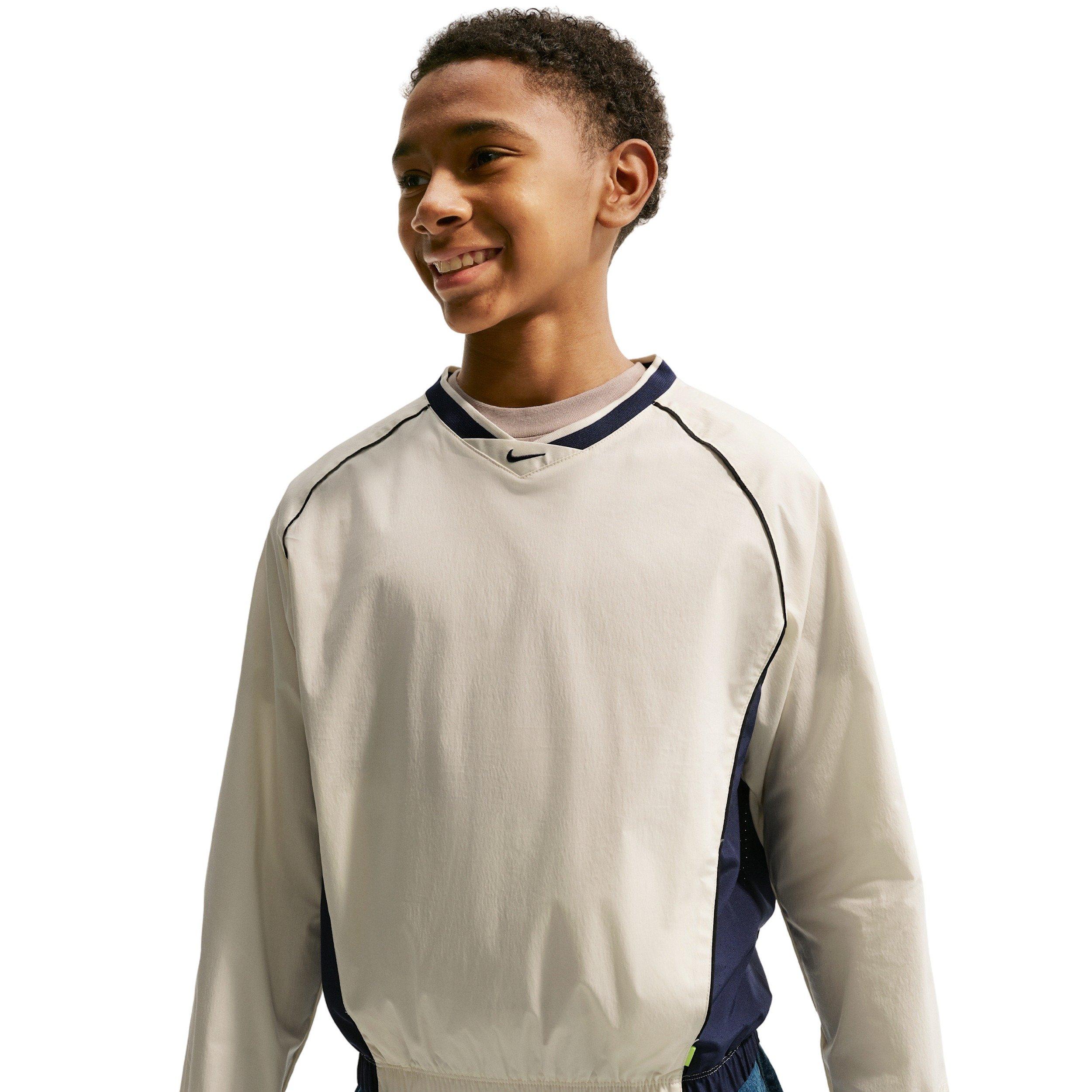 Nike Big Kids' Sportswear Woven V-Neck Long Sleeve Top - Cream/Navy - CREAM/NAVY Thumbnail View 5