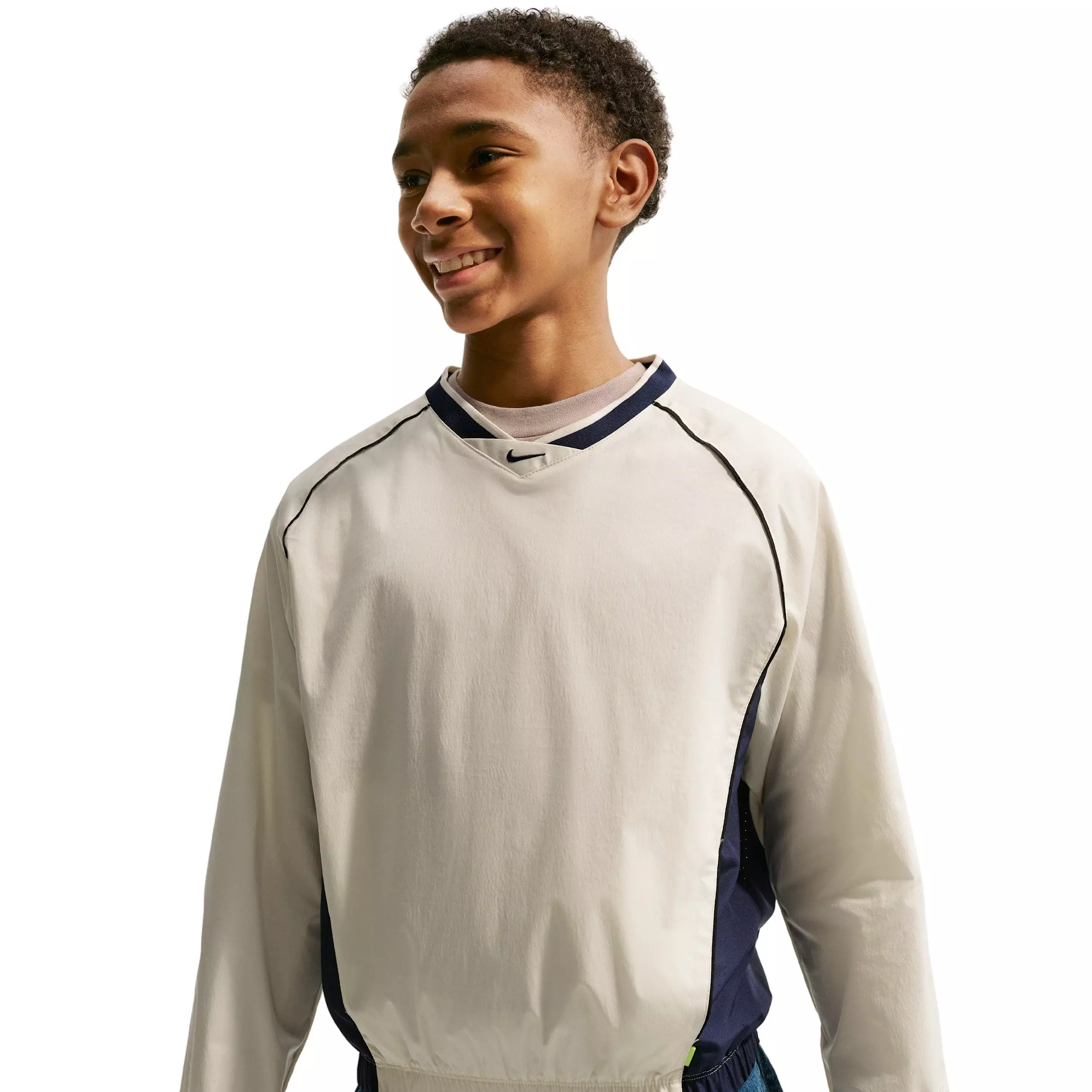 Nike Big Kids' Sportswear Woven V-Neck Long Sleeve Top - Cream/Navy - CREAM/NAVY