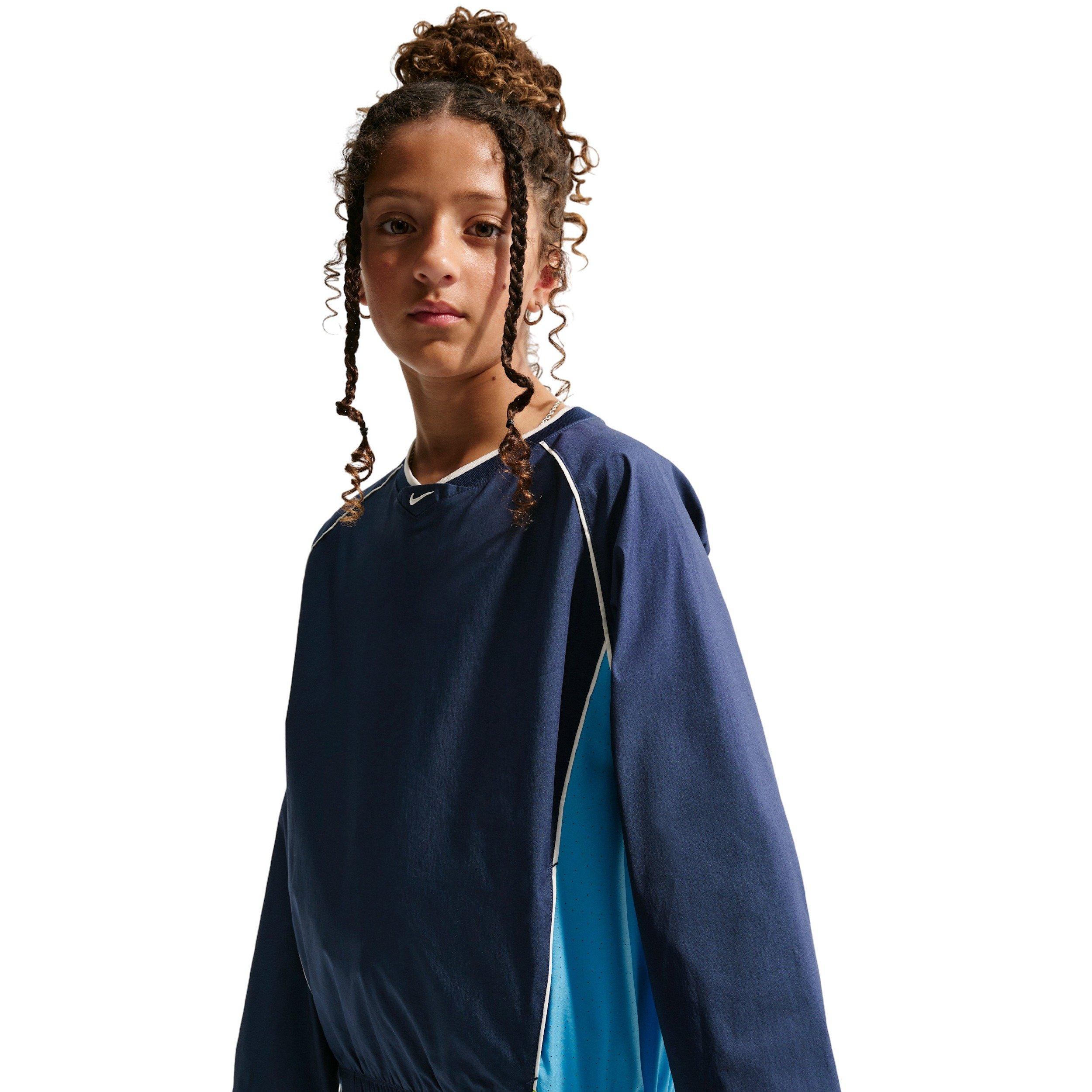 Nike Big Kids' Sportswear Woven V-Neck Long Sleeve Top - Blue/Navy - BLUE/NAVY Thumbnail View 2