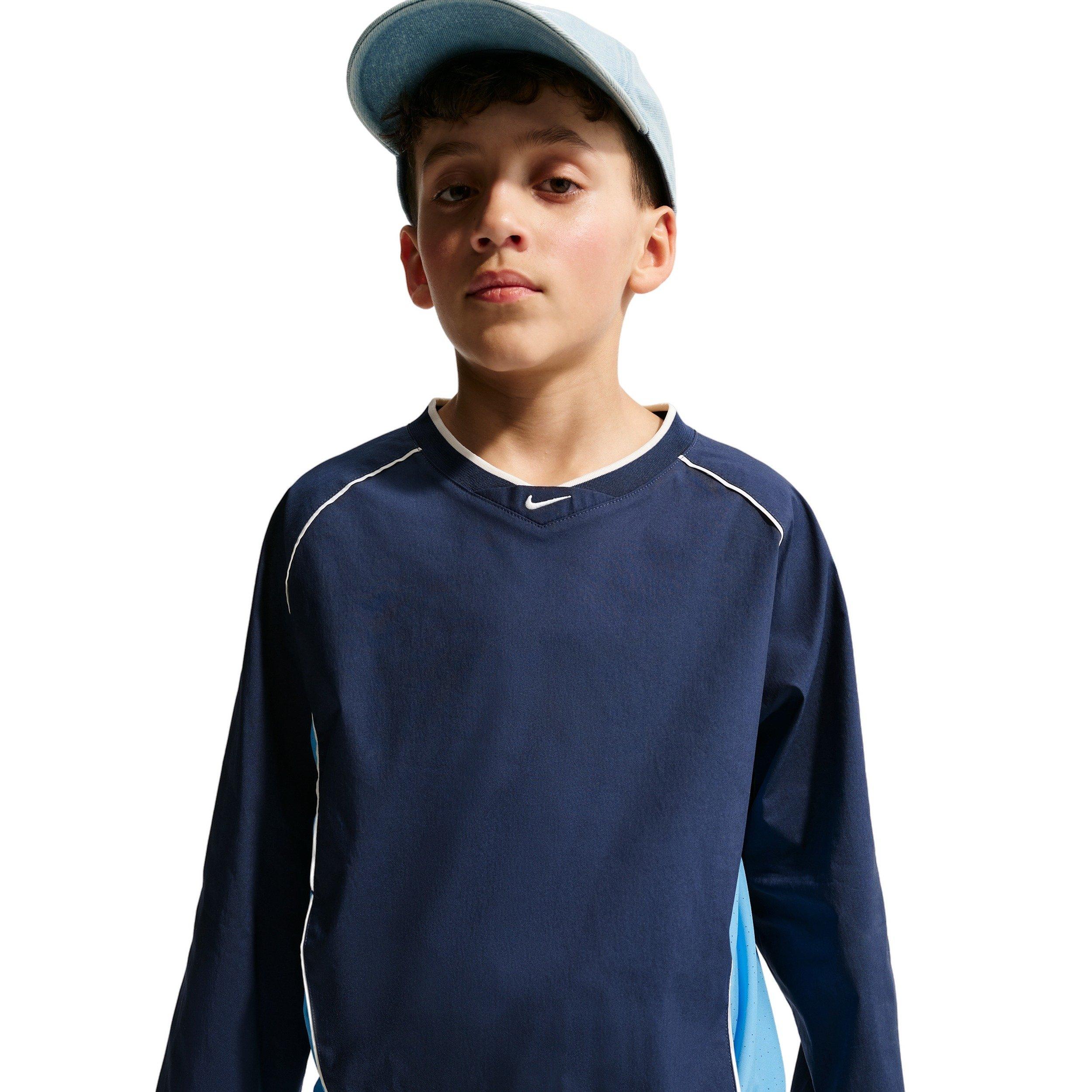 Nike Big Kids' Sportswear Woven V-Neck Long Sleeve Top - Blue/Navy - BLUE/NAVY Thumbnail View 3