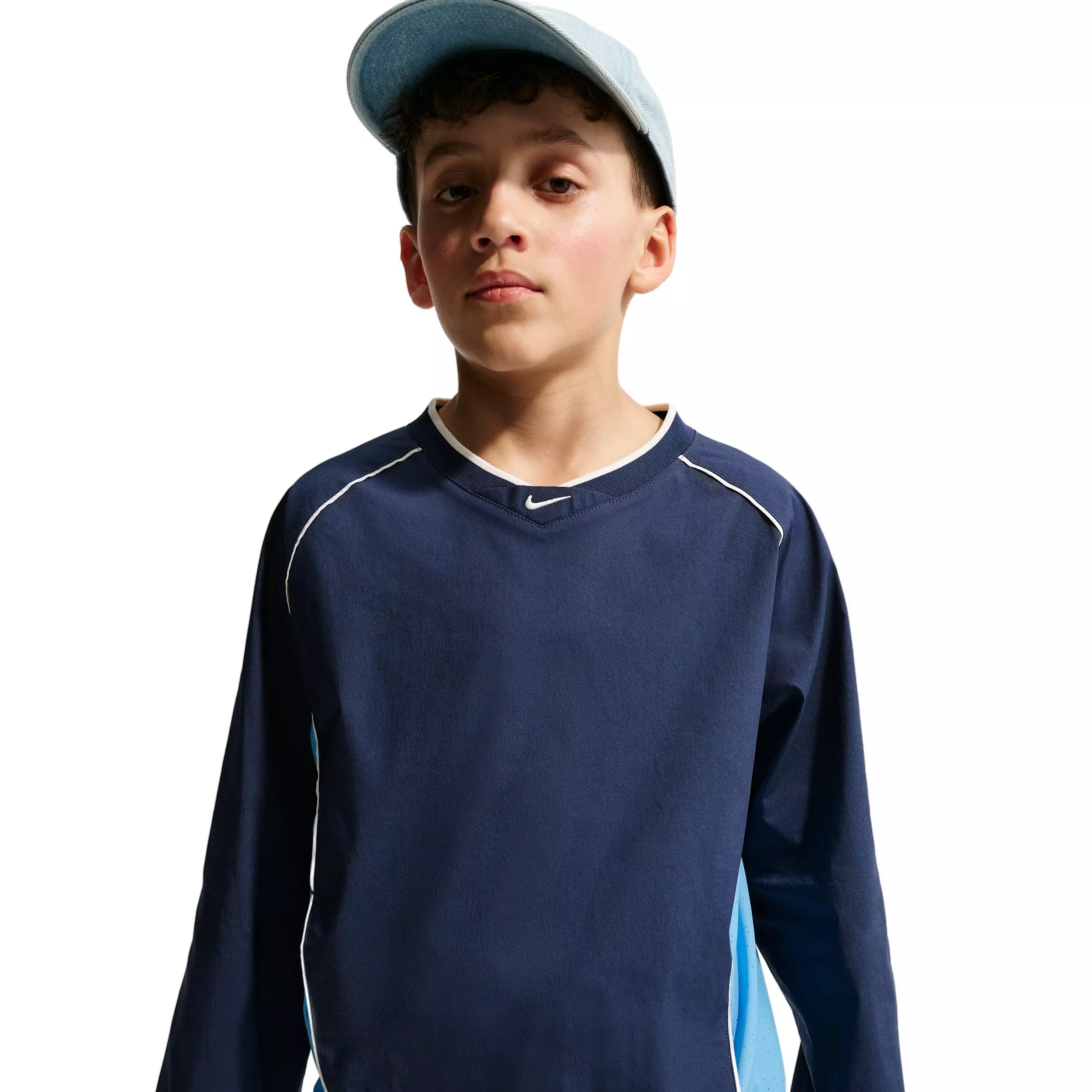 Nike Big Kids' Sportswear Woven V-Neck Long Sleeve Top - Blue/Navy - BLUE/NAVY