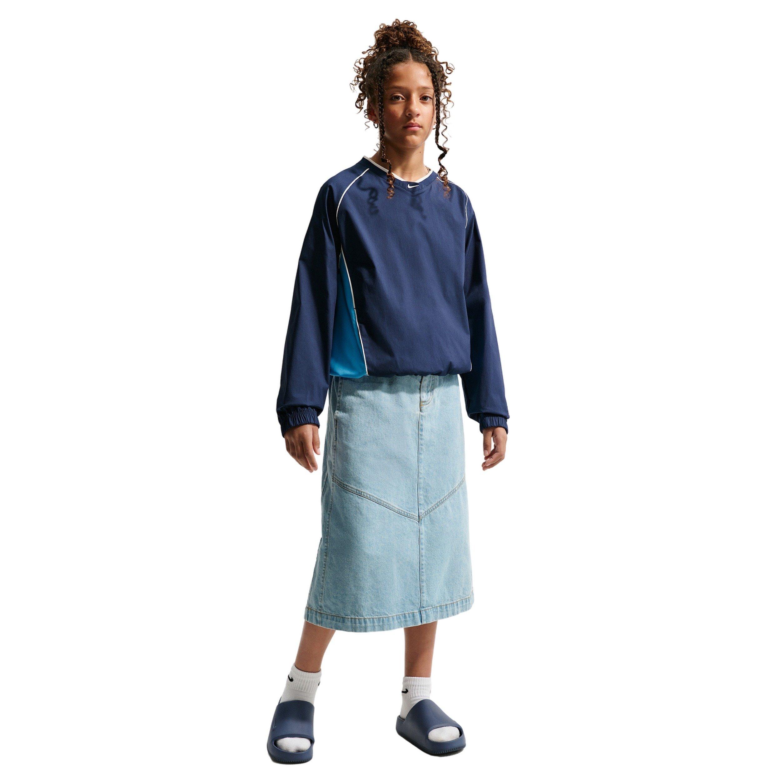 Nike Big Kids' Sportswear Woven V-Neck Long Sleeve Top - Blue/Navy - BLUE/NAVY Thumbnail View 6