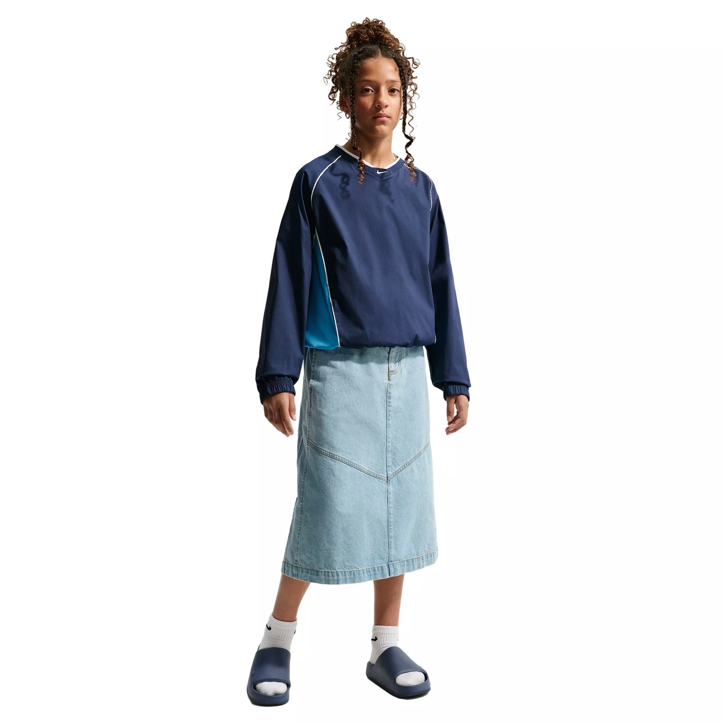 Nike Big Kids' Sportswear Woven V-Neck Long Sleeve Top - Blue/Navy - BLUE/NAVY