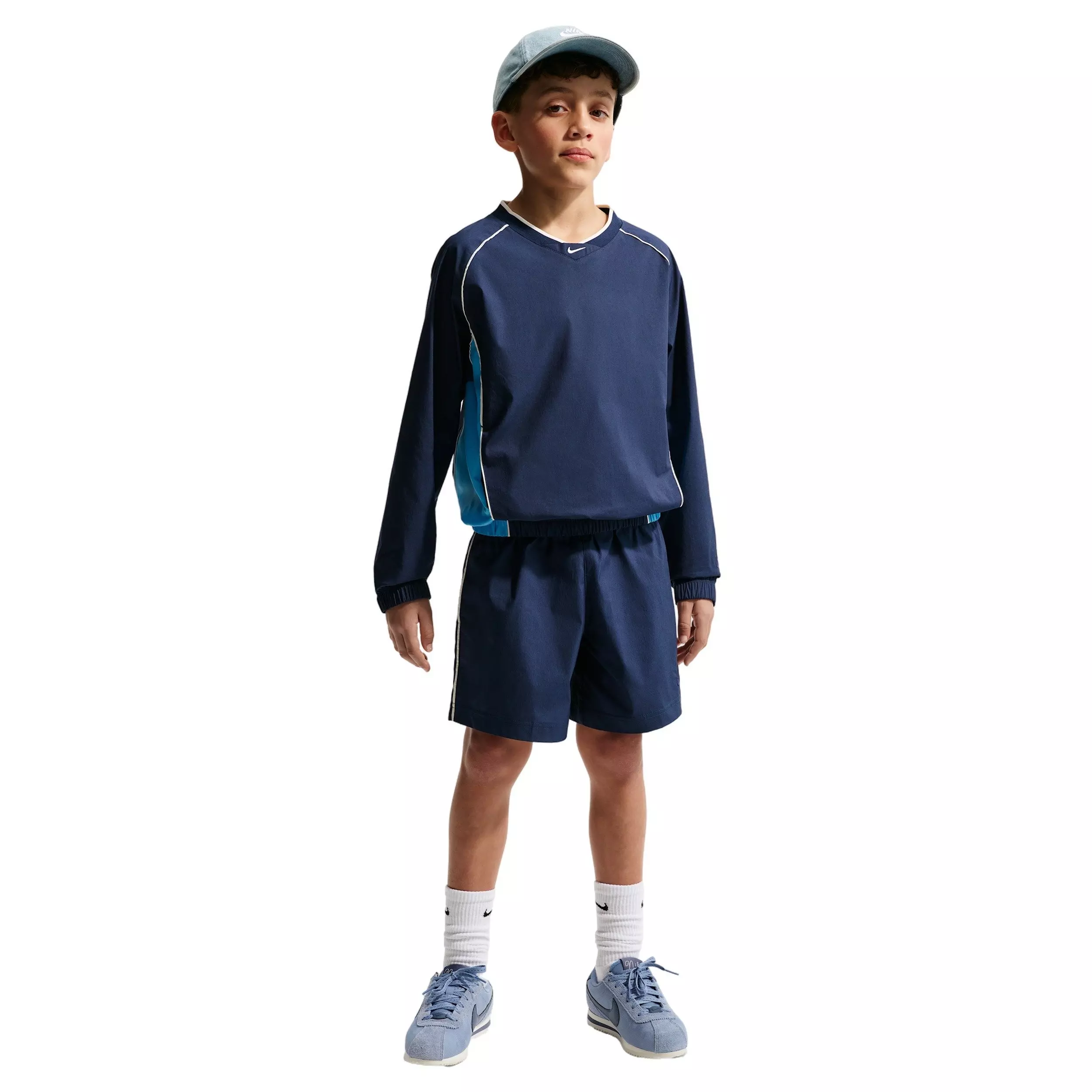 Nike Big Kids' Sportswear Woven V-Neck Long Sleeve Top - Blue/Navy - BLUE/NAVY