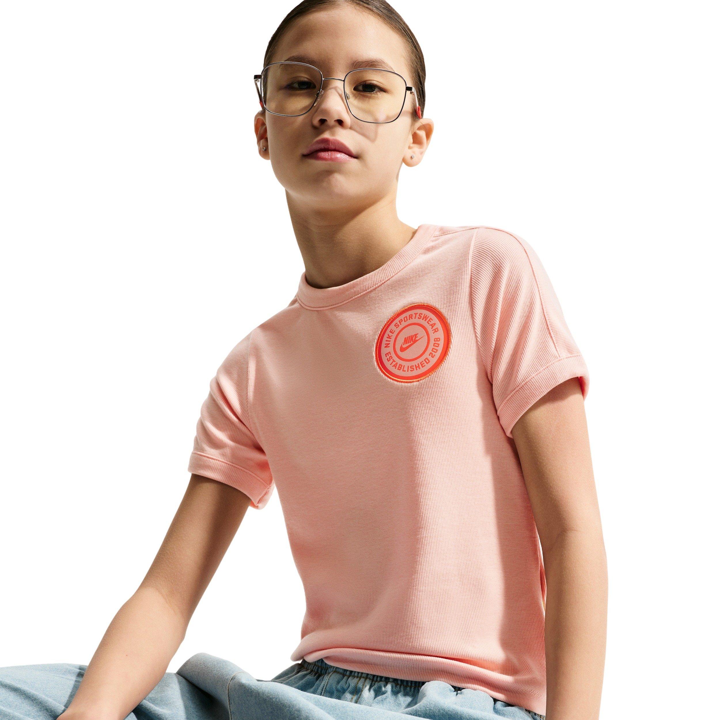 Nike Sportswear Short Sleeve Big Girls' Coral Ribbed Top