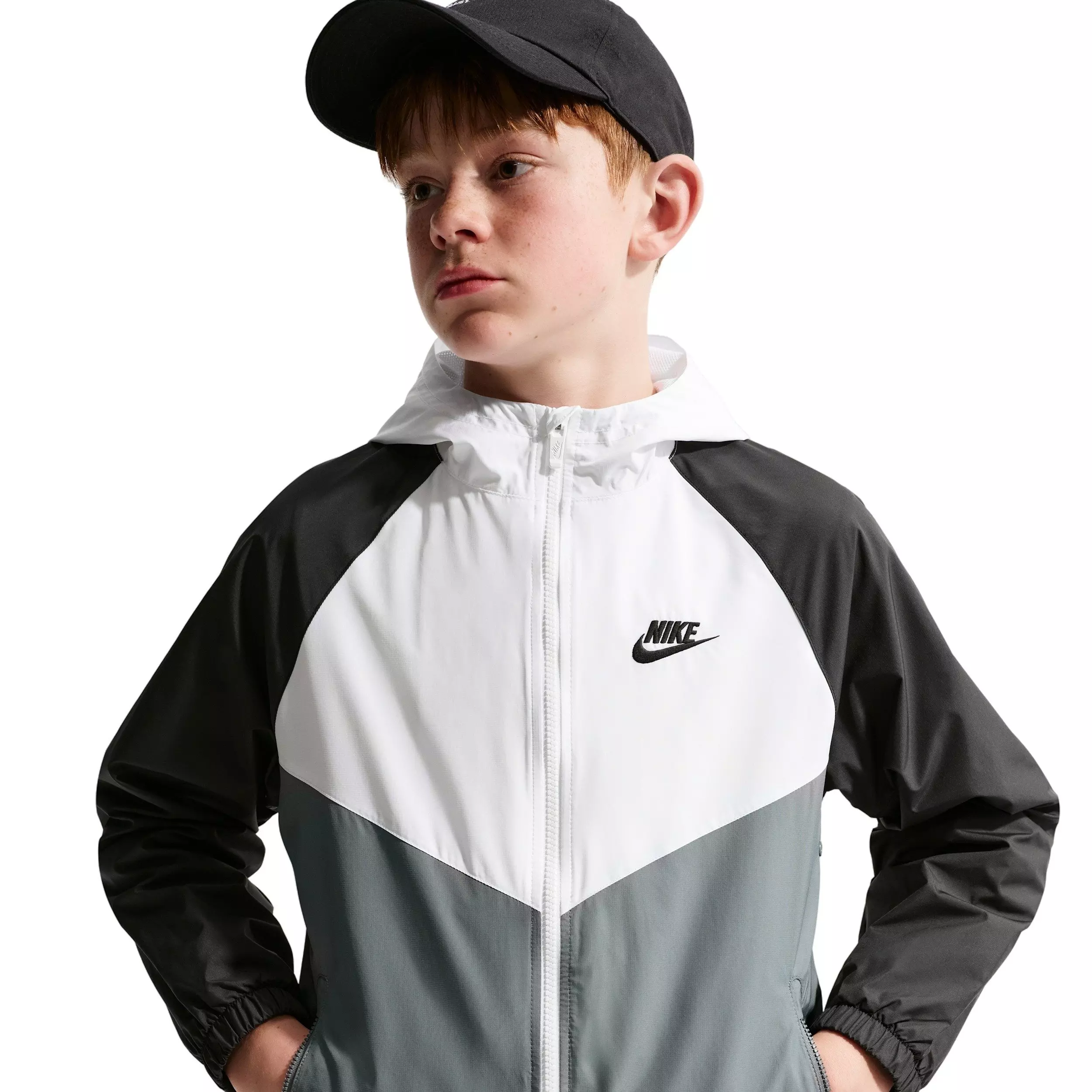 Nike Big Kids' Sportswear Windrunner Hooded Repel Jacket - White/Grey - WHITE/GREY