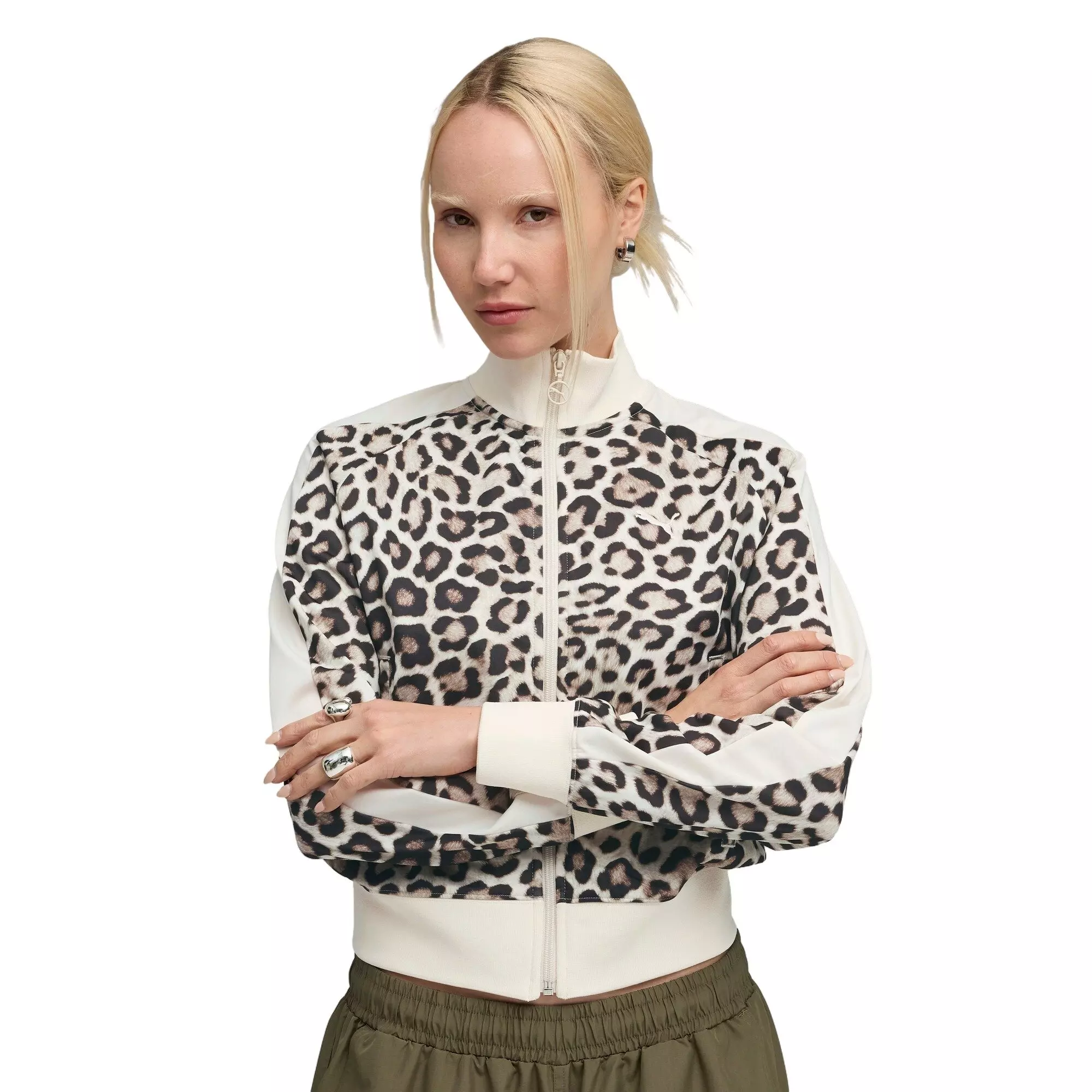 PUMA Women's T7 LEO LUX All-Over Print Short Track Jacket - White/Brown - WHITE/BROWN
