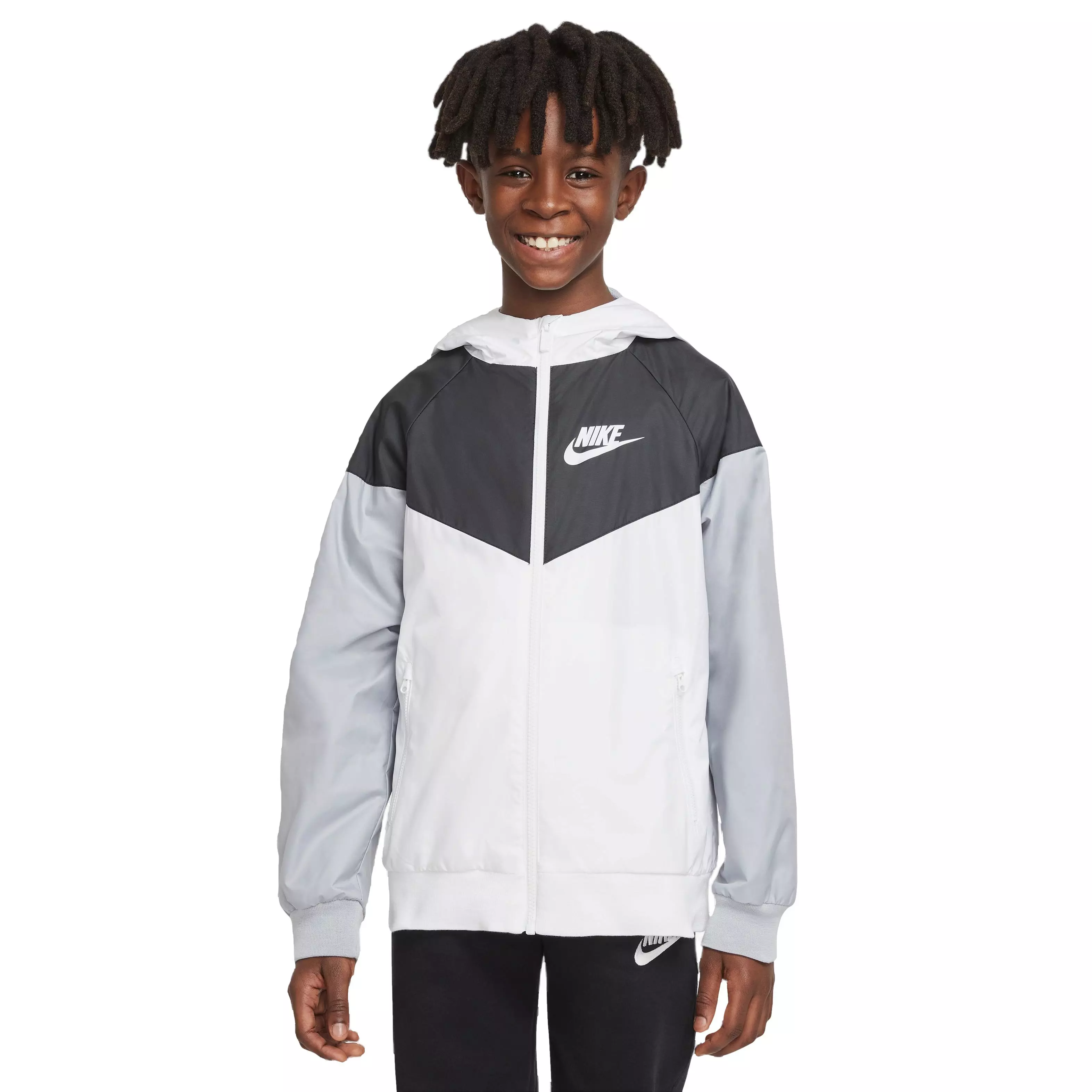Nike Big Boys' Sportswear Windrunner Jacket-White/Black/Grey - WHITE/BLACK/GREY