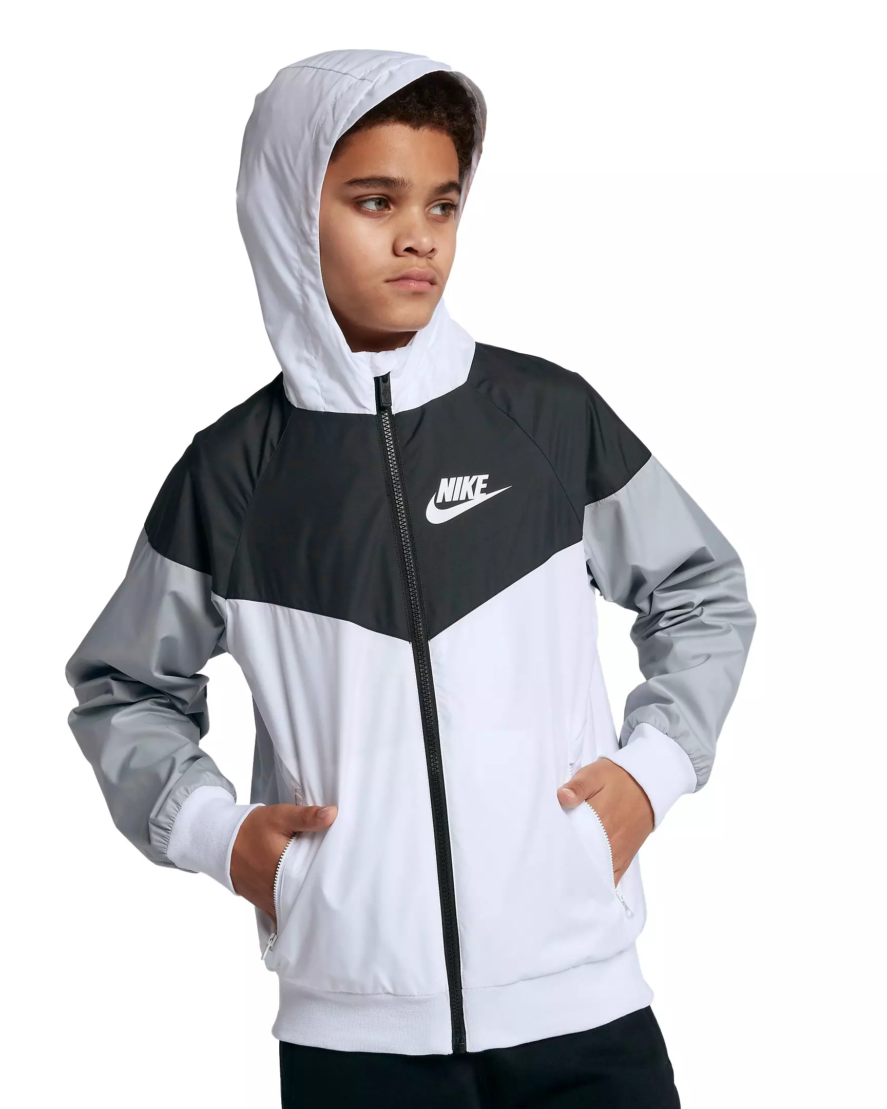 Nike Big Boys' Sportswear Windrunner Jacket-White/Black/Grey - WHITE/BLACK/GREY