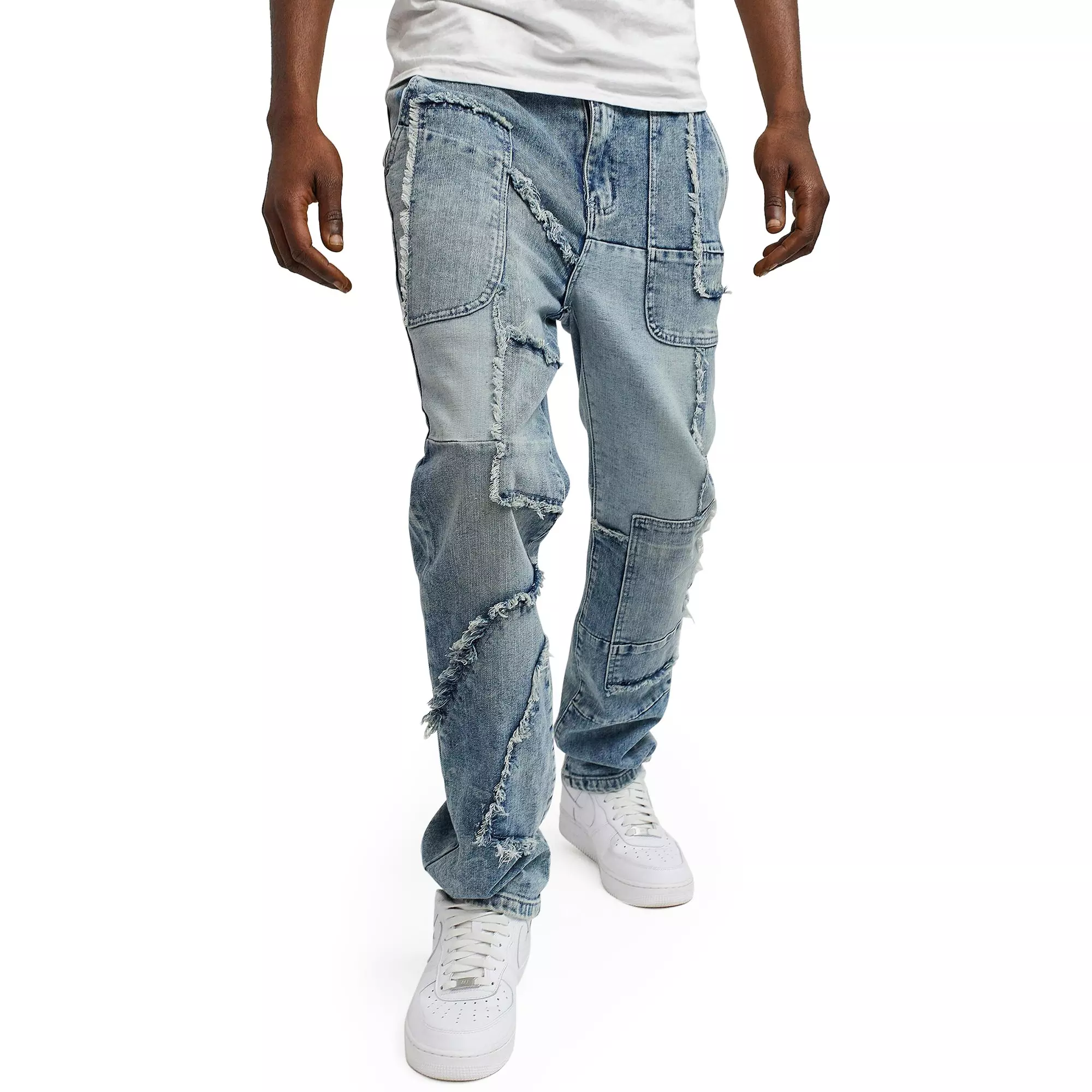Reason Men's Hughes Patchwork Skinny Fit Light Blue Wash Jeans - LIGHT BLUE
