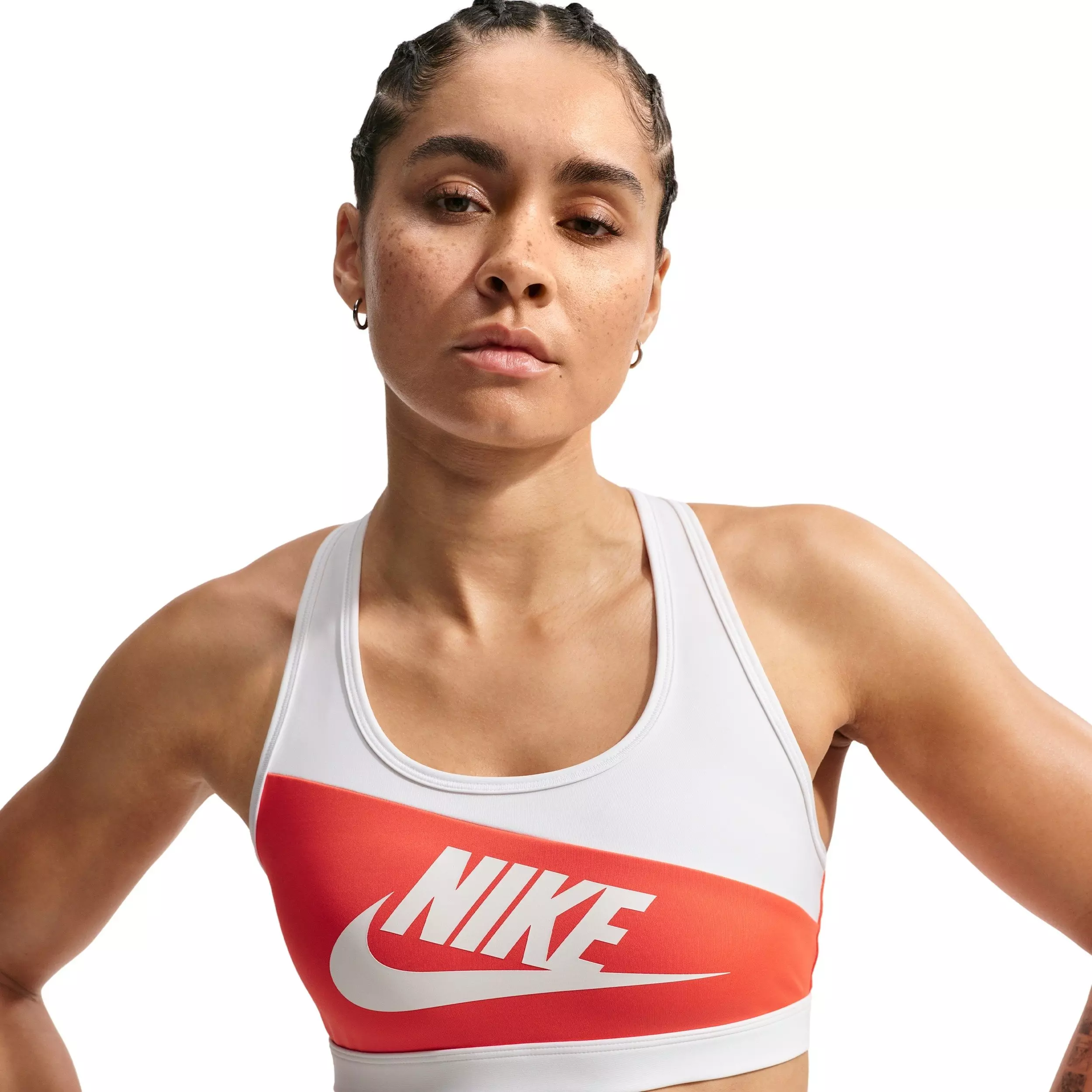 Nike Women's Swoosh Medium-Support Color-Block Padded Sports Bra - LIGHT CRIMSON/WHITE