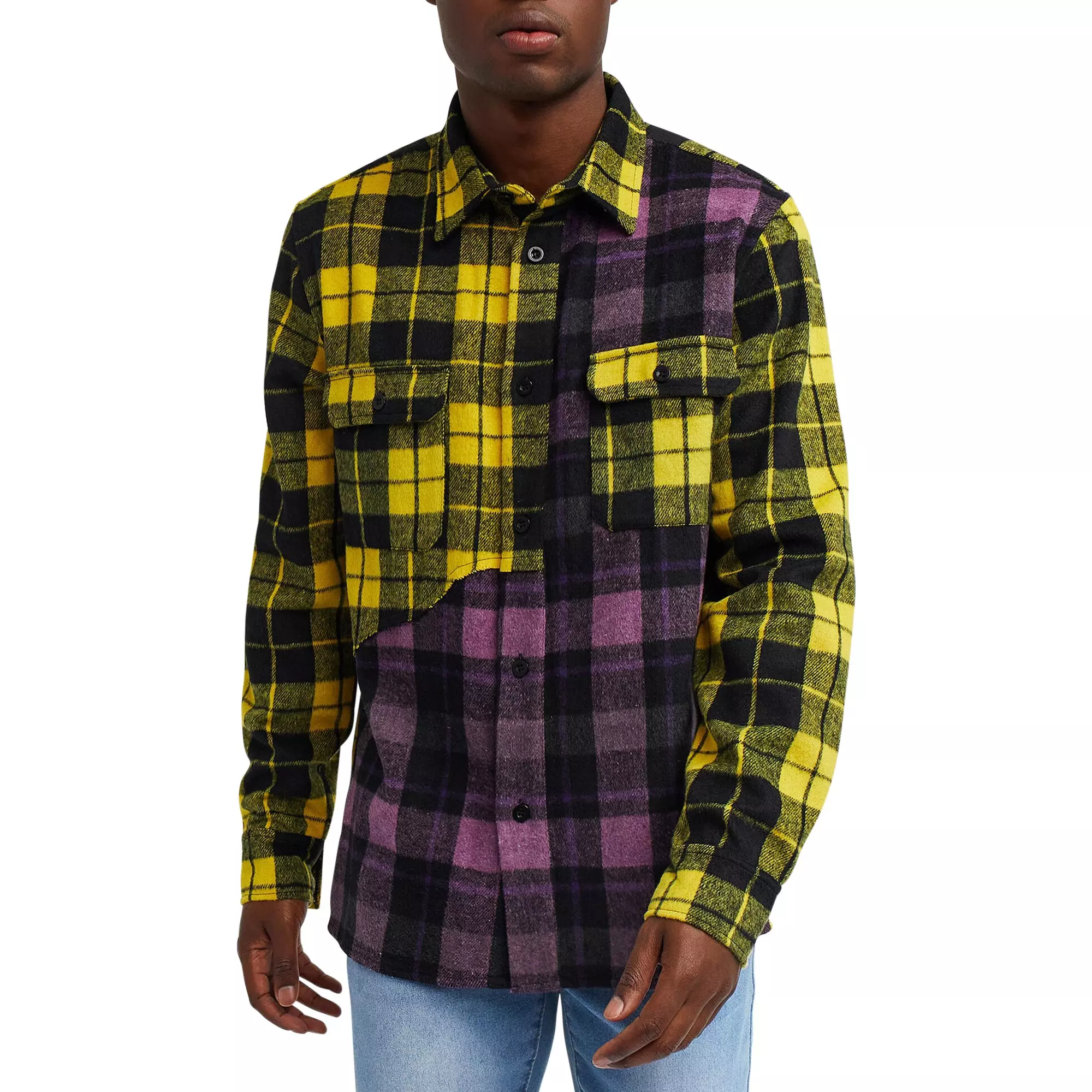 Reason Men's Spliced Checkered Color Blocked Overshirt - Yellow - YELLOW