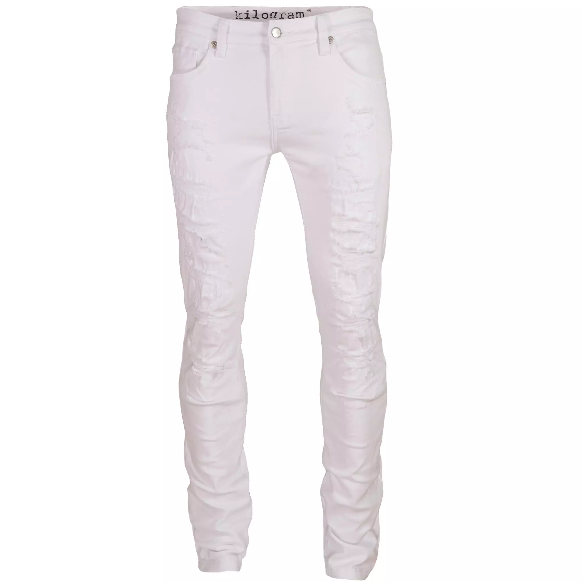 Kilogram Men's Pure White Rip And Repair Slim Fit Jeans - WHITE
