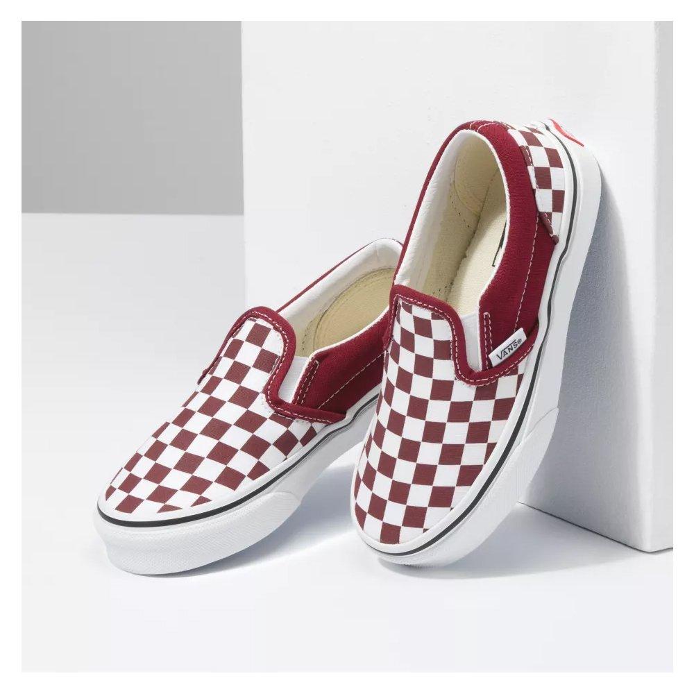 Vans burgundy checkerboard sales slip ons