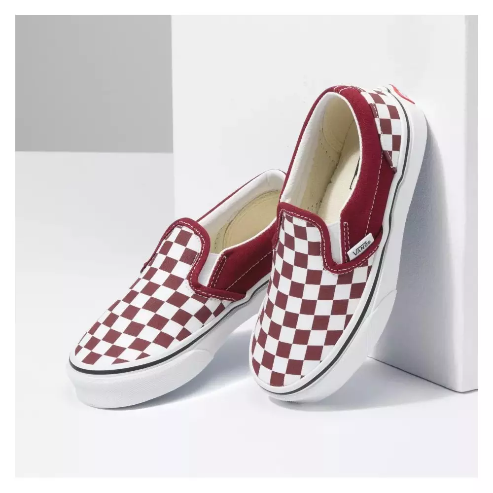 Vans Classic Slip On Checkerboard "Burgundy" Preschool Boys Shoe - WHITE/BURGUNDY