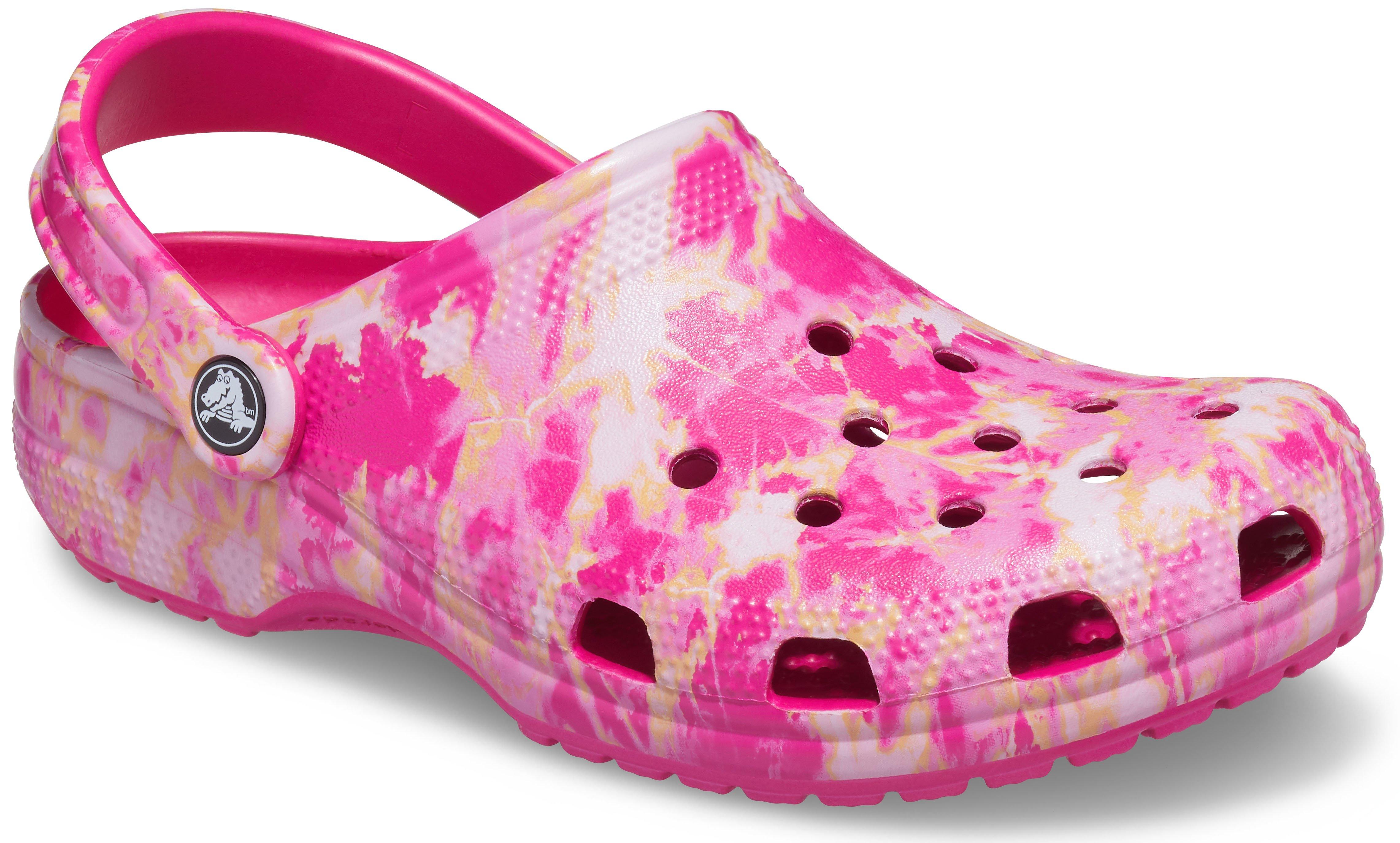 Pink tie store dye crocs