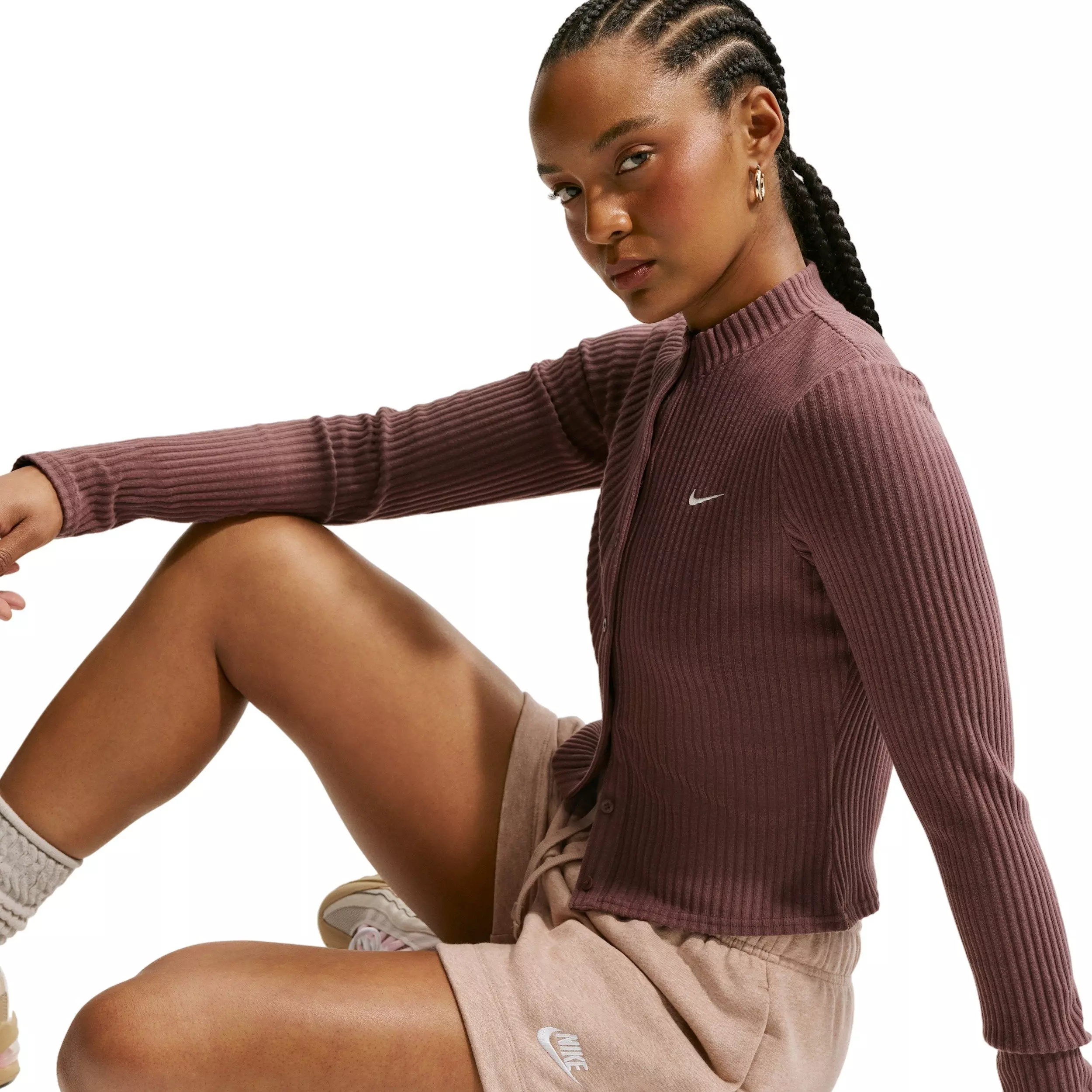 Nike Women's Sportswear Club Fleece Mid-Rise Shorts - BROWN/WHITE