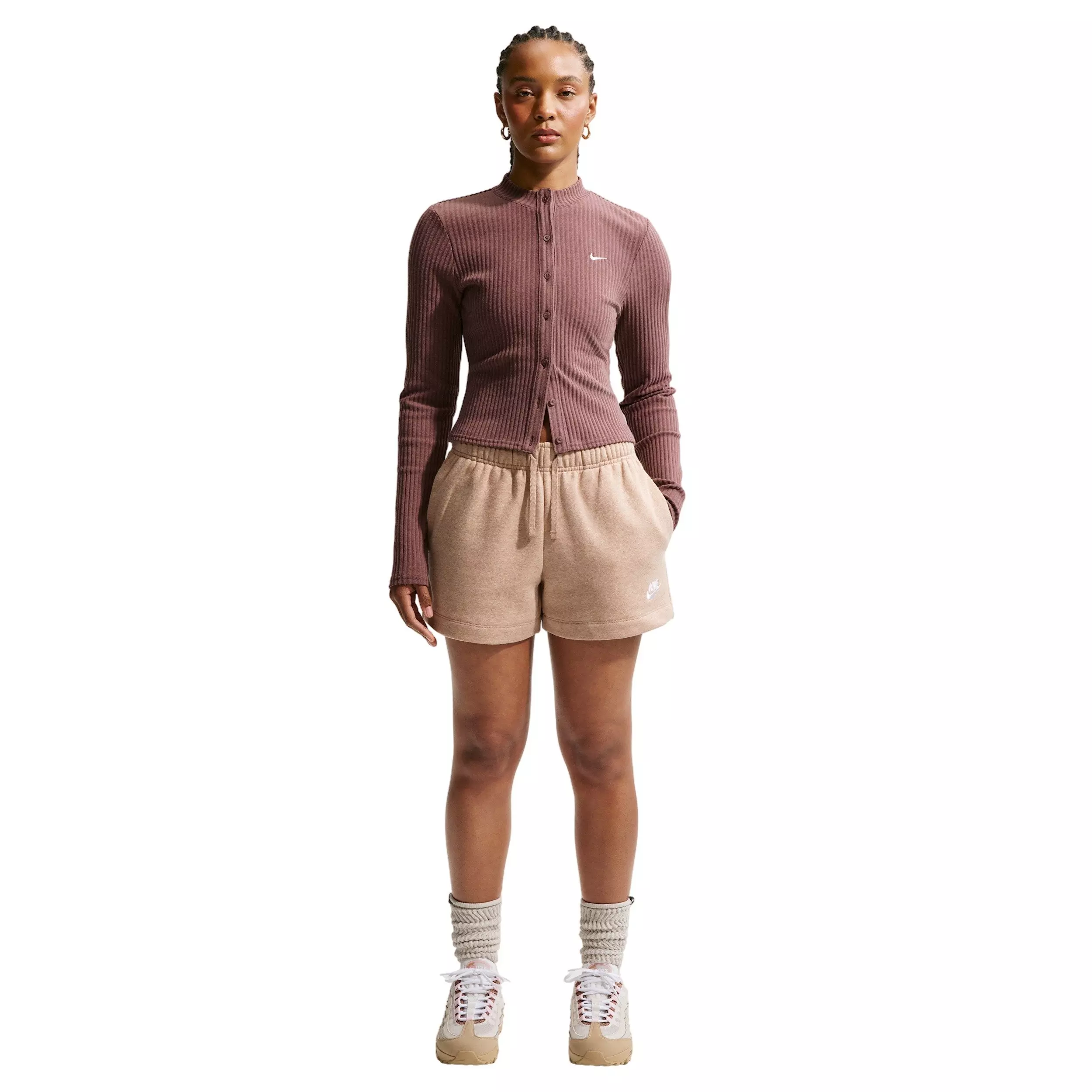 Nike Women's Sportswear Club Fleece Mid-Rise Shorts - BROWN/WHITE