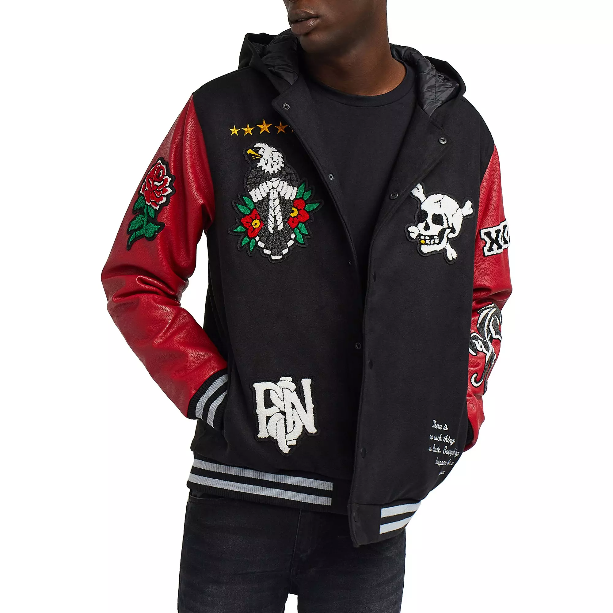 Reason Men's Fortune Hooded Patched Wool Varsity Jacket - Black/Red - BLACK/RED