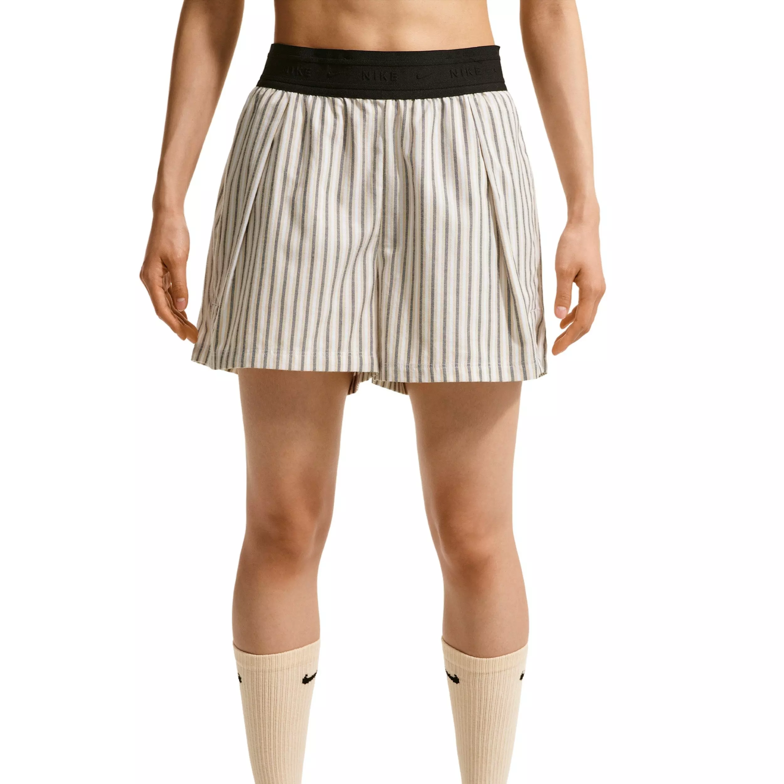 Nike Women's Sportswear Chill Poplin Loose Mid-Rise Stripe Shorts - TAN/BLACK
