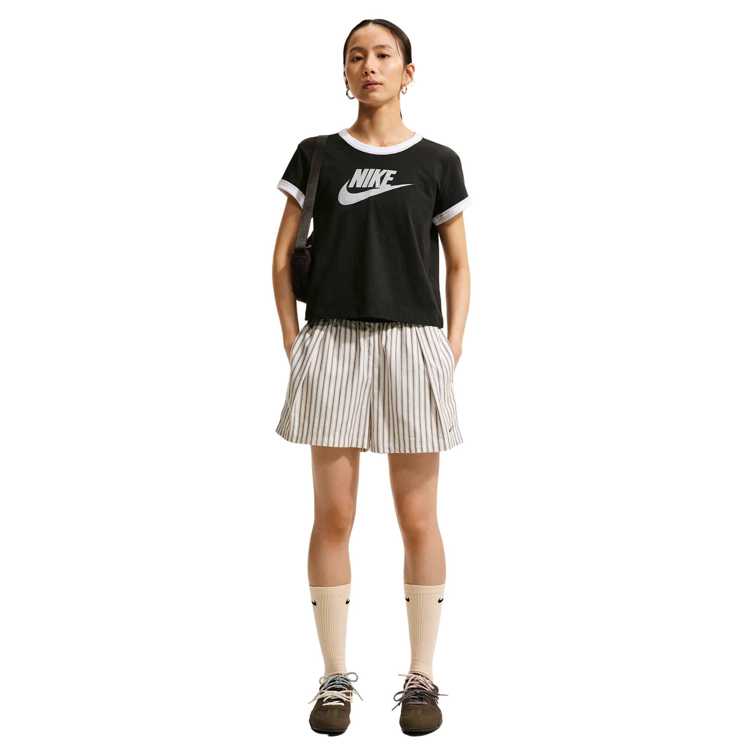 Nike Women's Sportswear Chill Poplin Loose Mid-Rise Stripe Shorts - TAN/BLACK