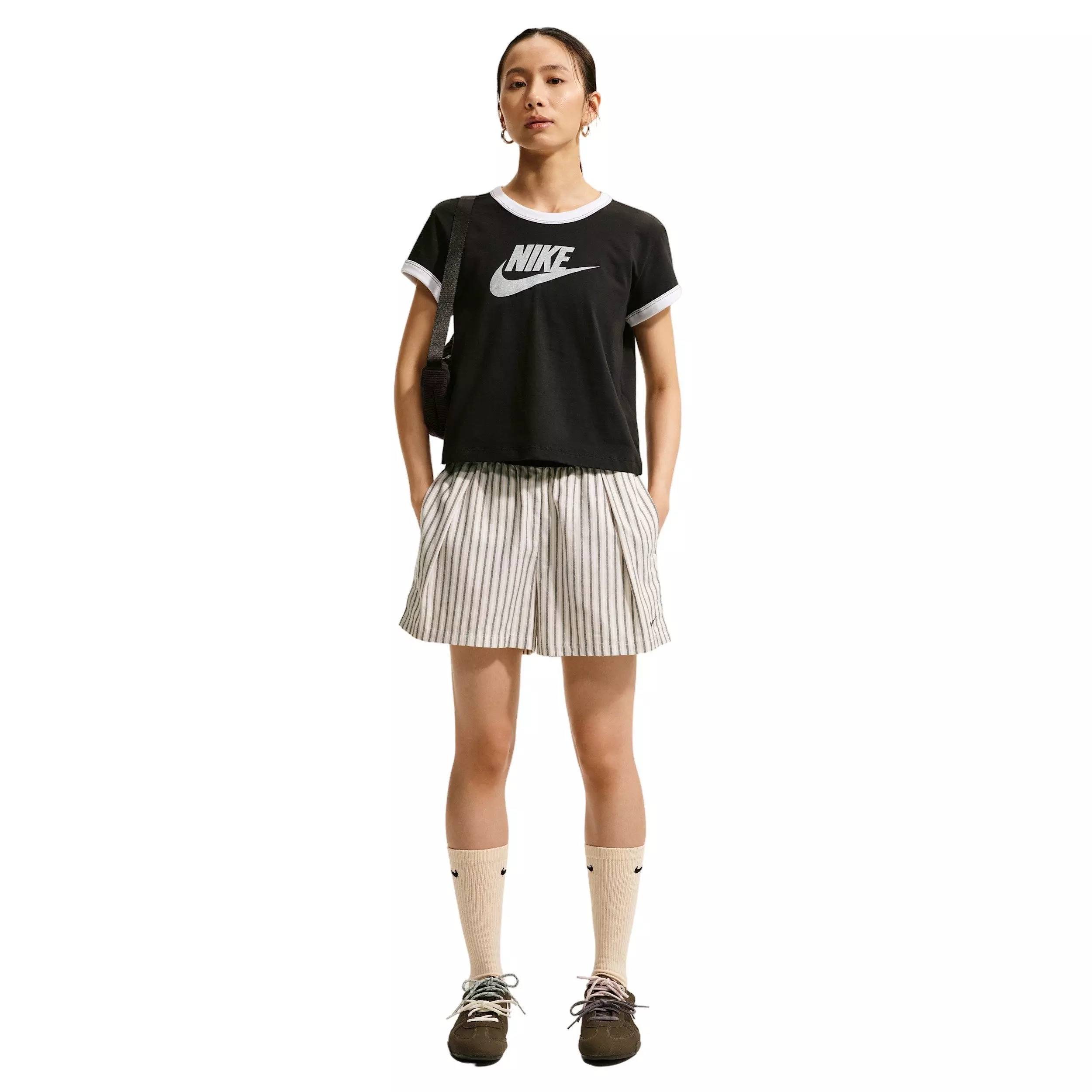 Nike Women's Sportswear Chill Poplin Loose Mid-Rise Stripe Shorts - TAN/BLACK