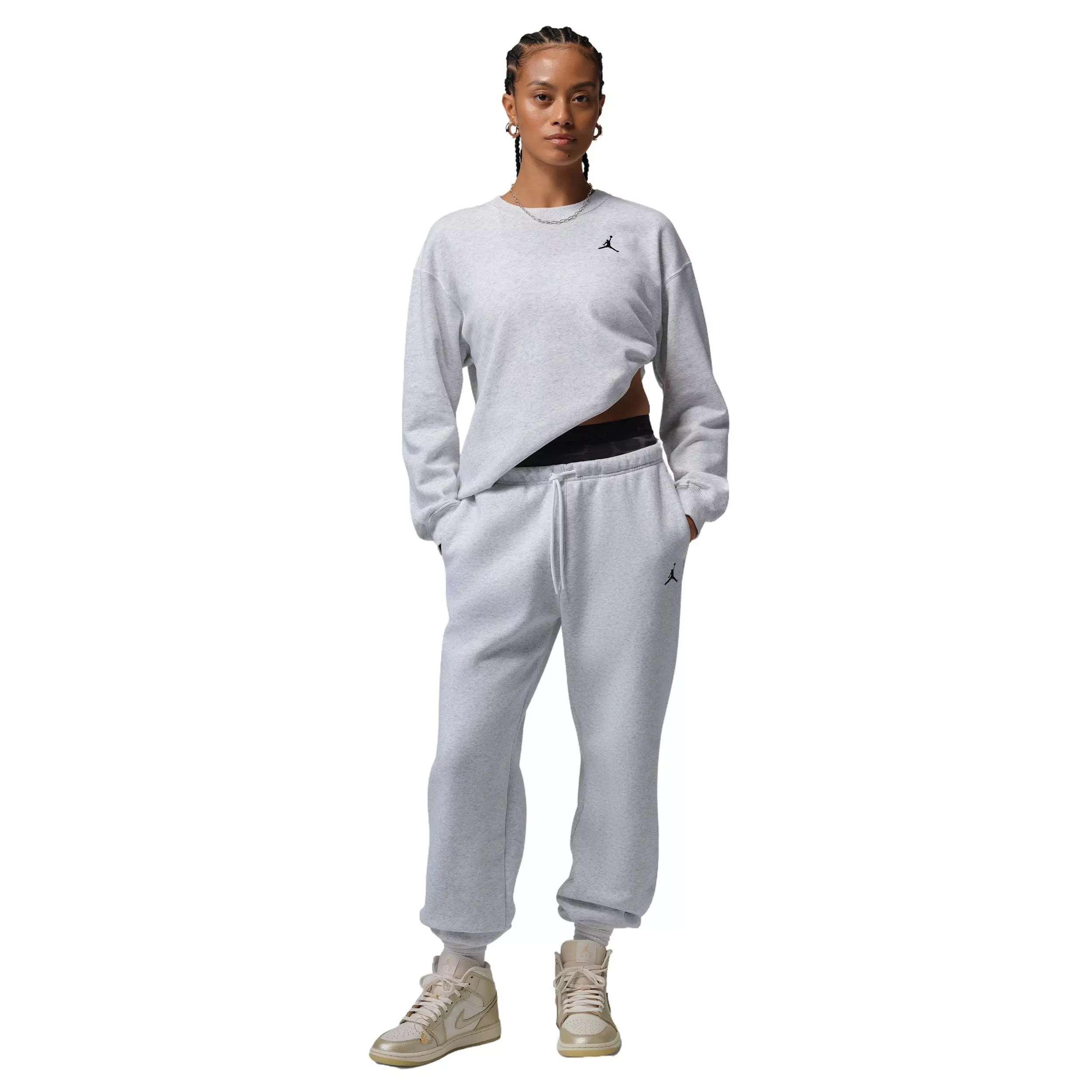 Jordan Women's Brooklyn Fleece French Terry Crew-Neck Sweatshirt - BIRCH HEATHER/BLACK