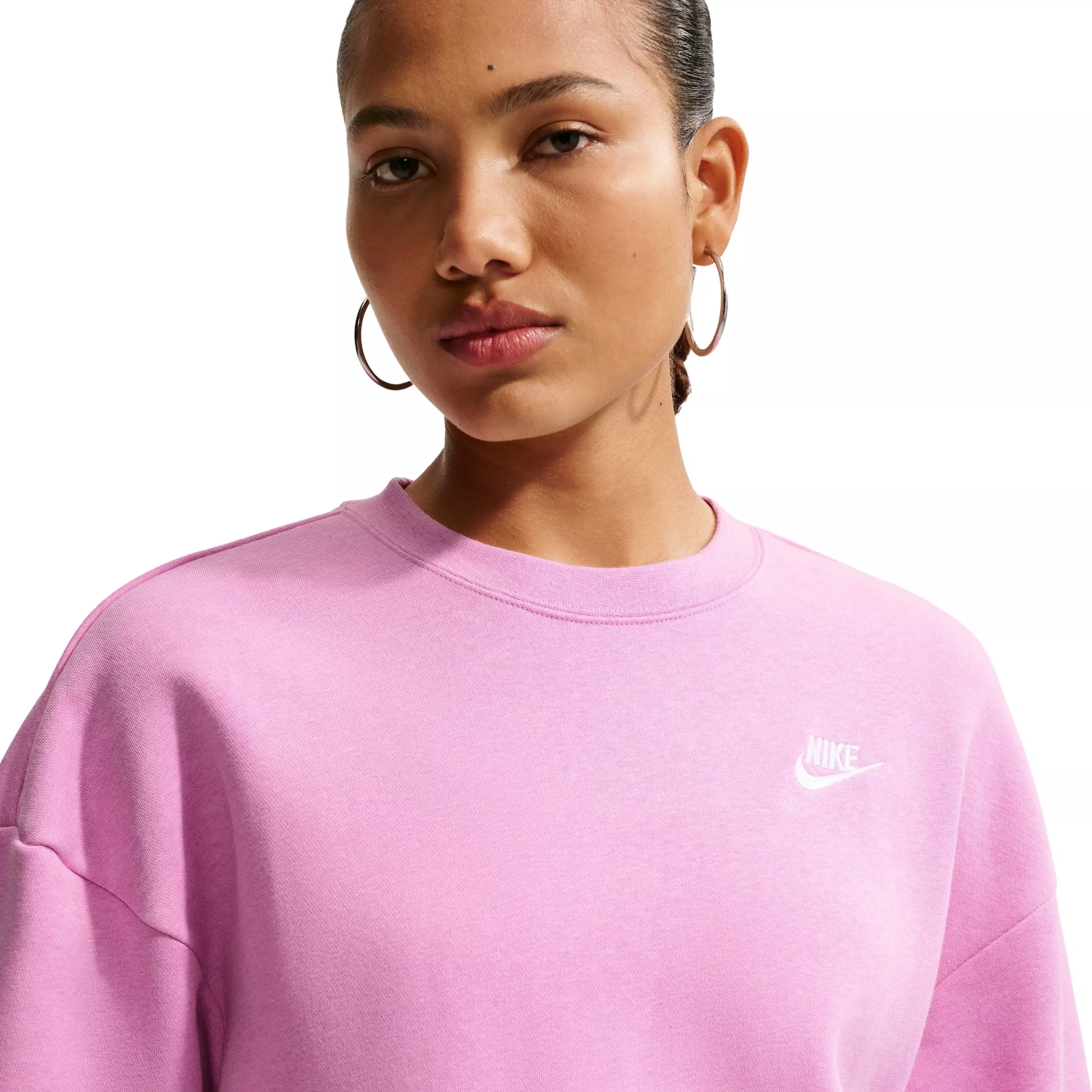 Nike Women's Sportswear Club Fleece Loose Crew-Neck Sweatshirt - LT MAGENTA/WHITE