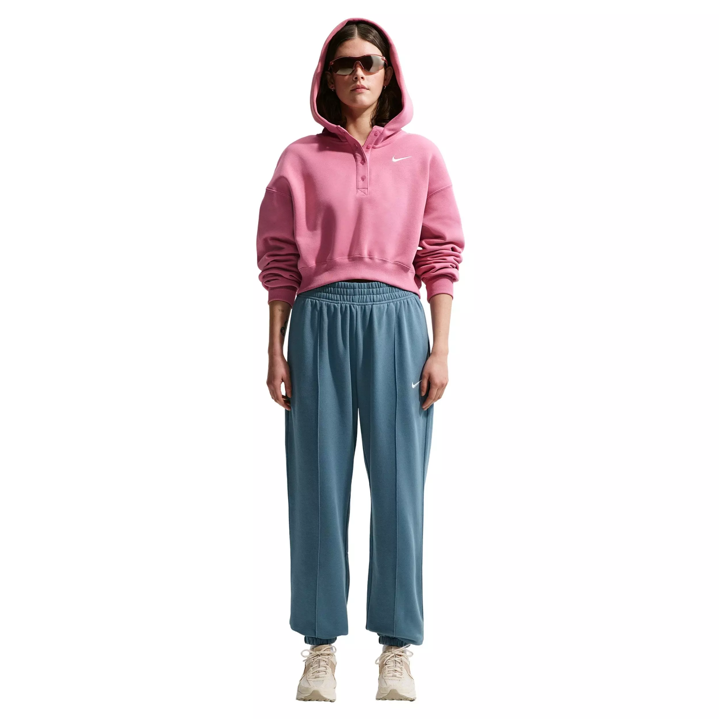 Nike Women's Sportswear Phoenix Fleece Oversized Cropped Henley Hoodie - PINK