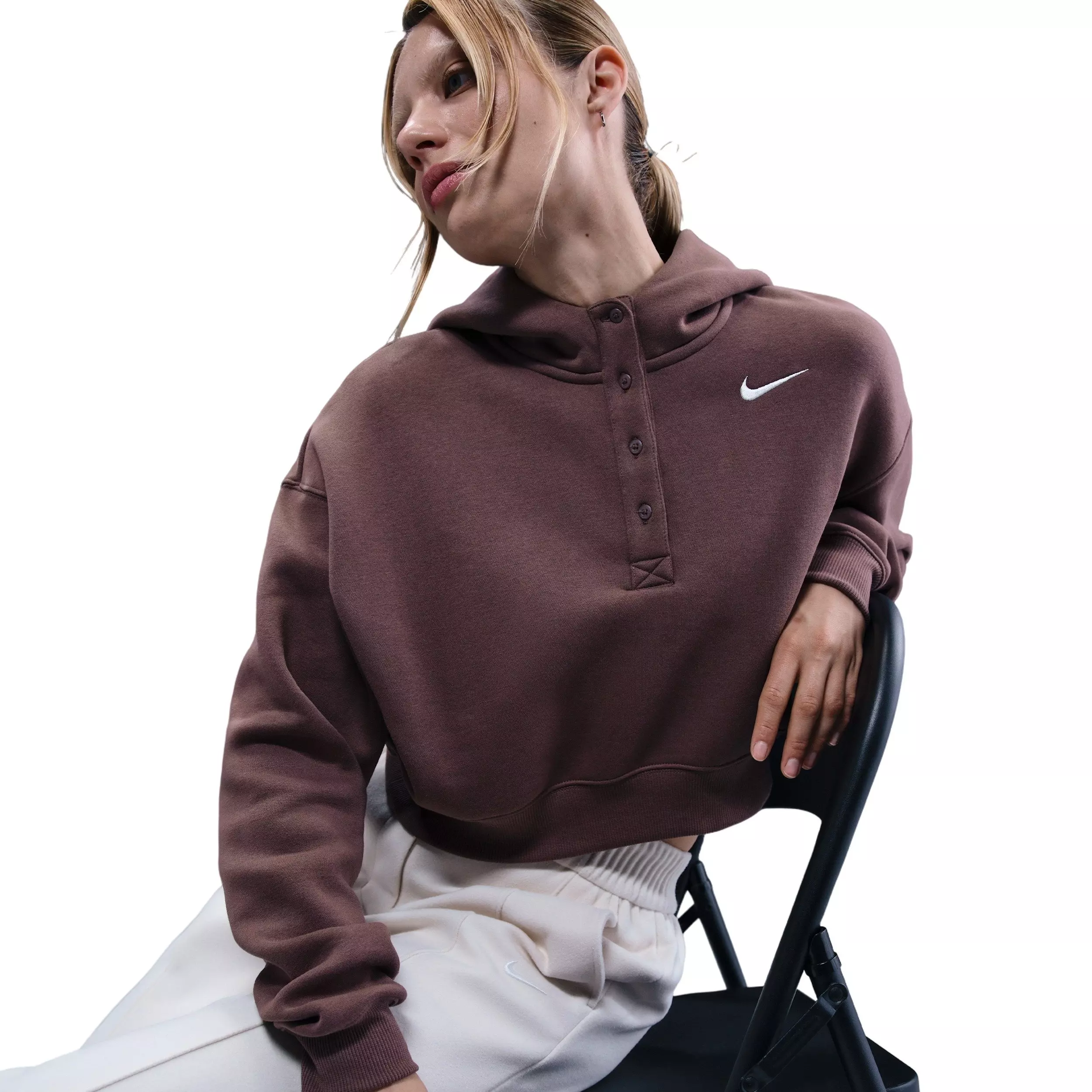 Nike Women's Sportswear Phoenix Fleece Oversized Cropped Henley Hoodie - PURPLE