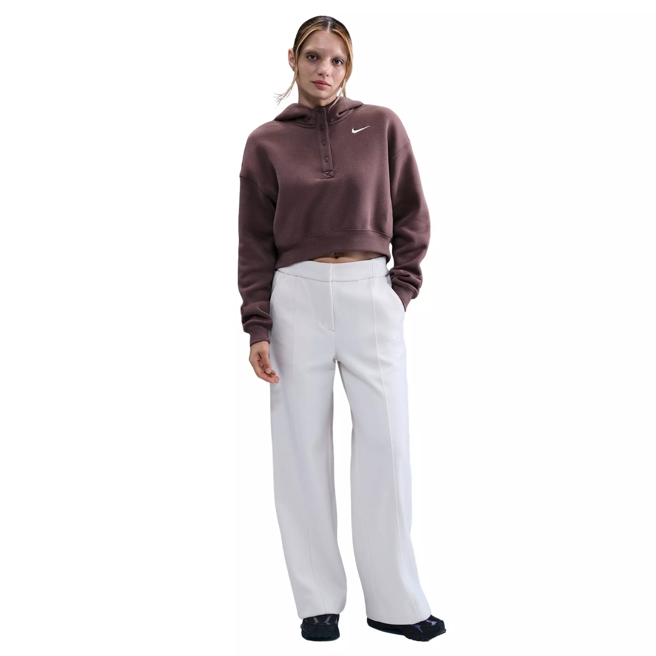 Nike Women's Sportswear Phoenix Fleece Oversized Cropped Henley Hoodie - PURPLE