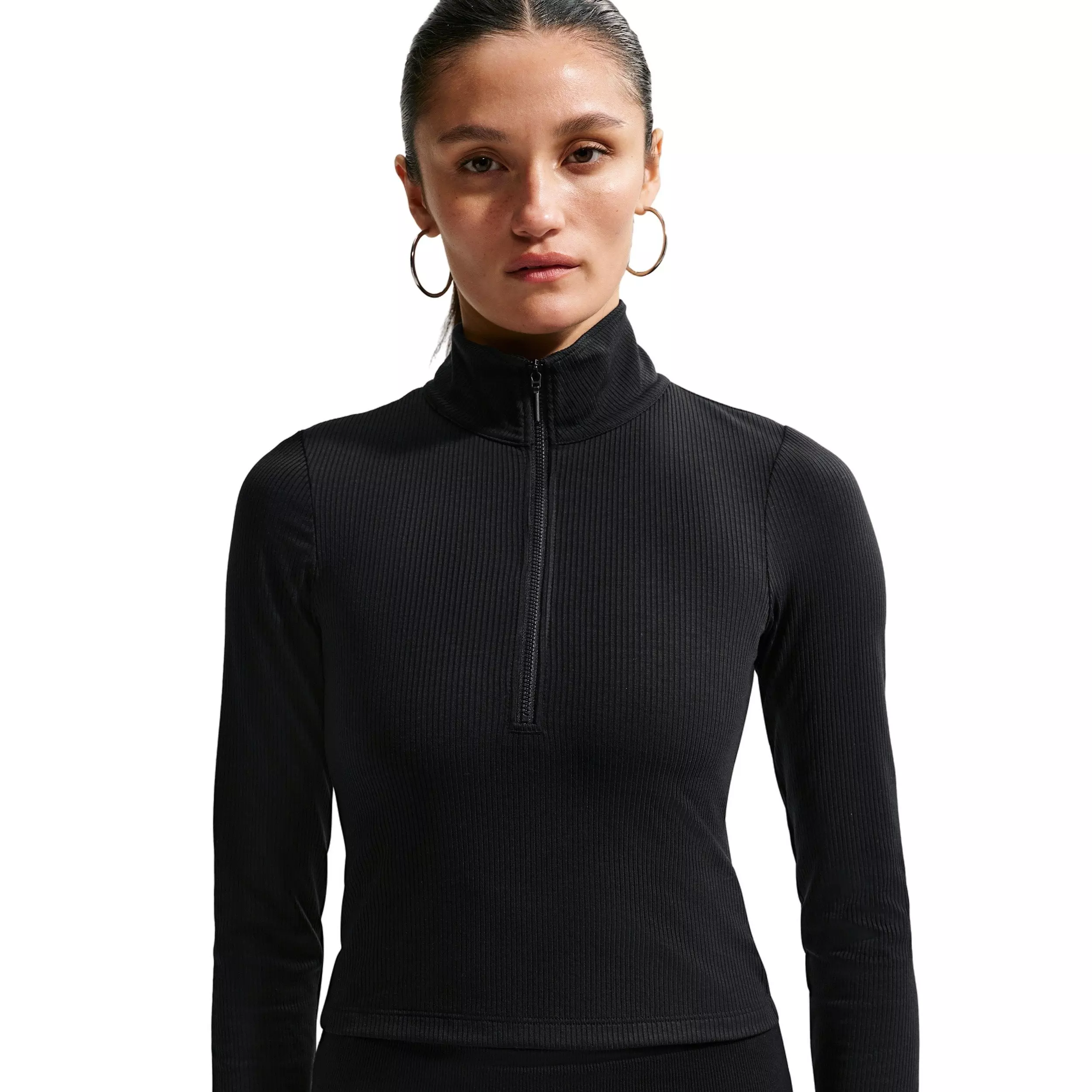 Nike Women's Sportswear Chill Knit Tight 1/4 Zip Long Sleeve Ribbed Top - BLACK/OFF-WHITE
