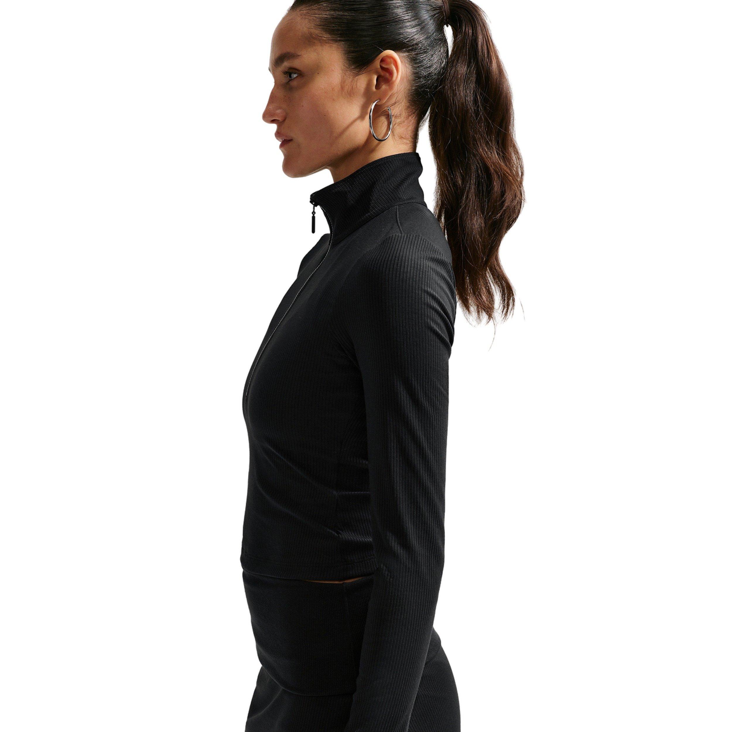 Nike Women's Sportswear Chill Knit Tight 1/4 Zip Long Sleeve Ribbed Top - BLACK/OFF-WHITE Thumbnail View 4