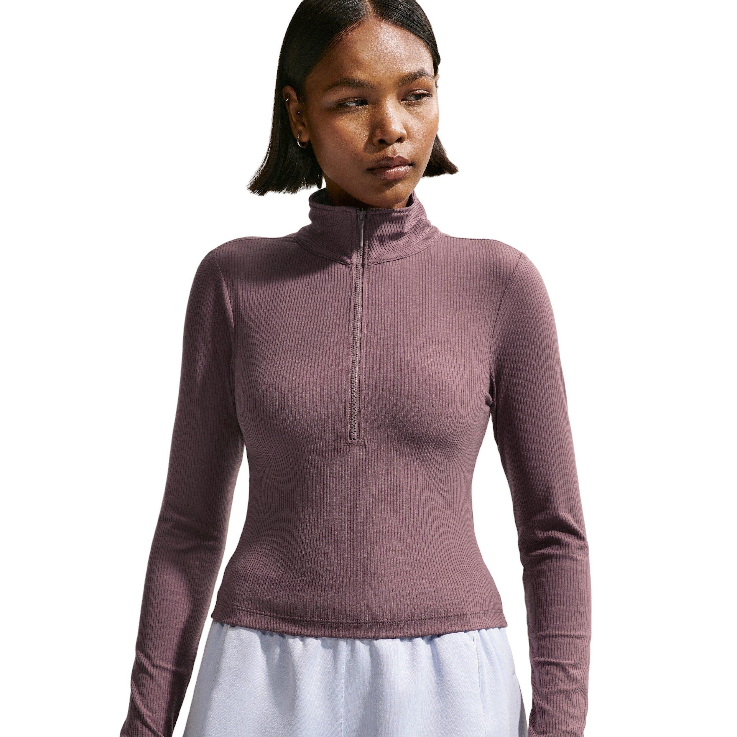 Nike Women's Sportswear Chill Knit Tight 1/4 Zip Long Sleeve Ribbed Top - PURPLE Thumbnail View 3