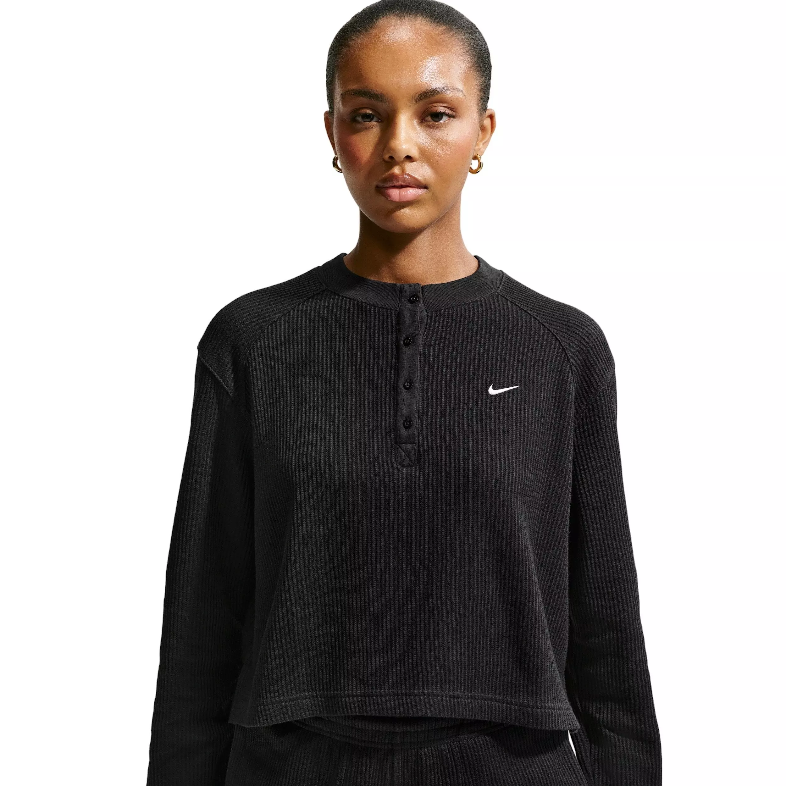 Nike Women's Sportswear Chill Knit Waffle Henley - BLACK/OFF-WHITE