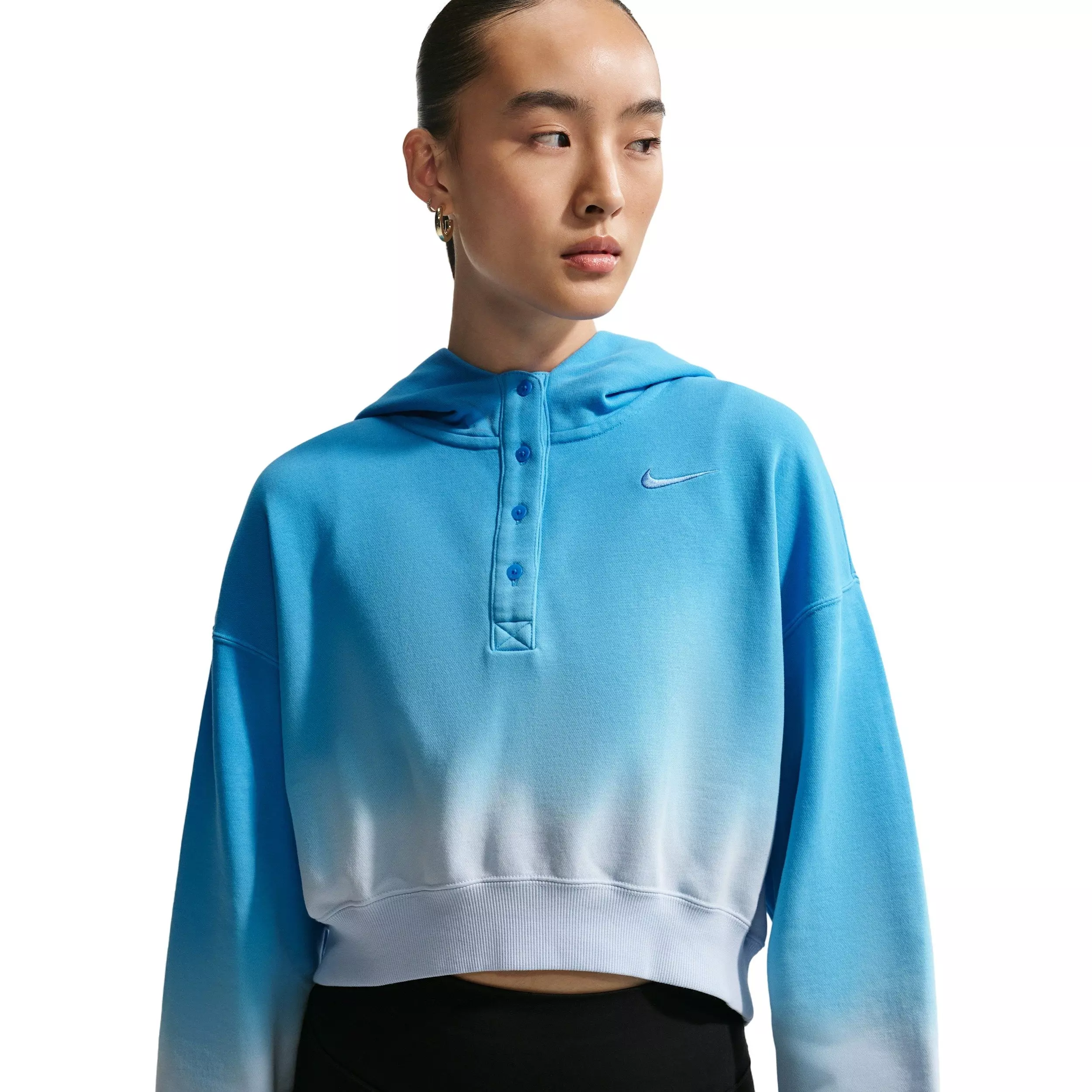 Nike Women's Sportswear Phoenix Fleece Dip-Dye Oversized Henley Hoodie - BLUE
