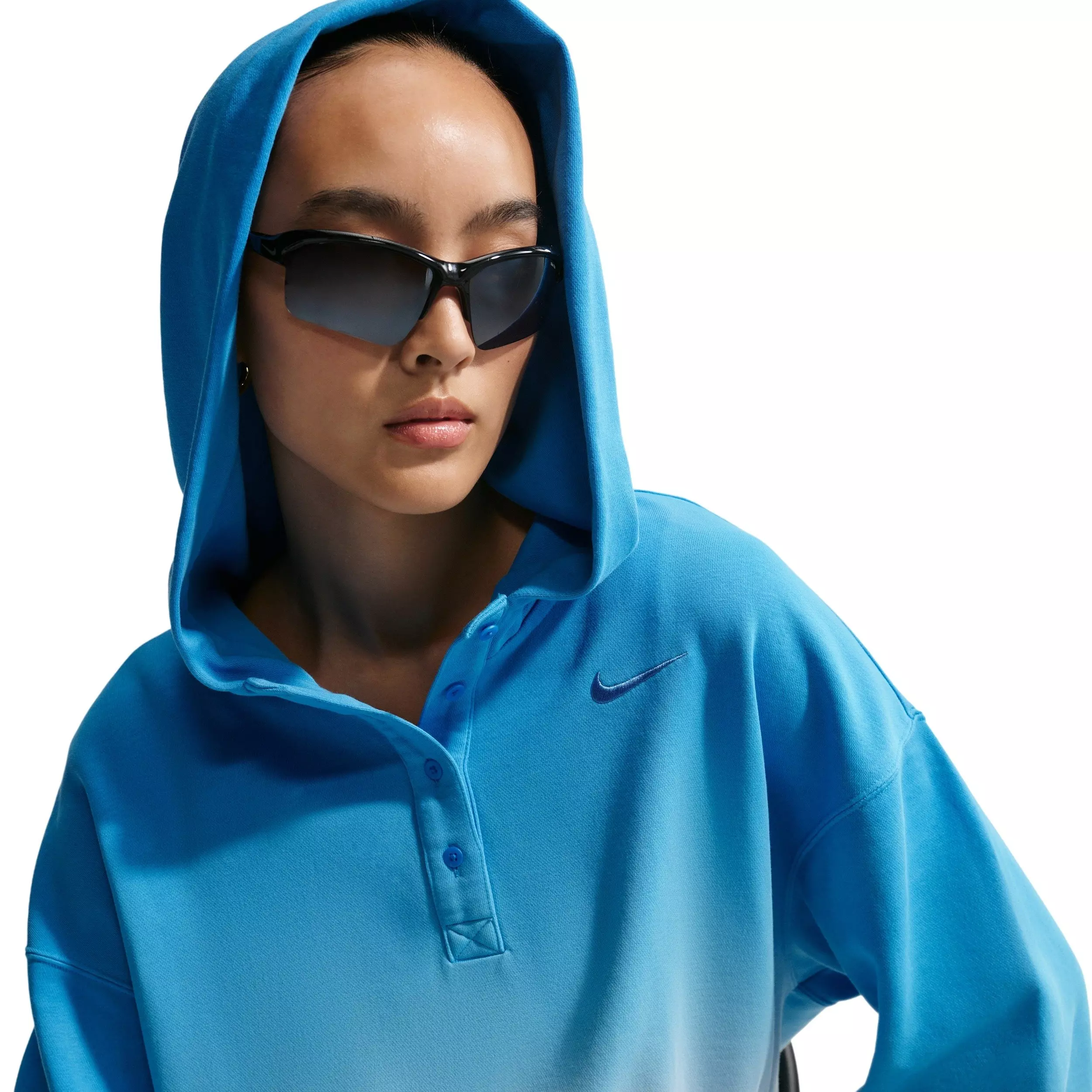 Nike Women's Sportswear Phoenix Fleece Dip-Dye Oversized Henley Hoodie - BLUE