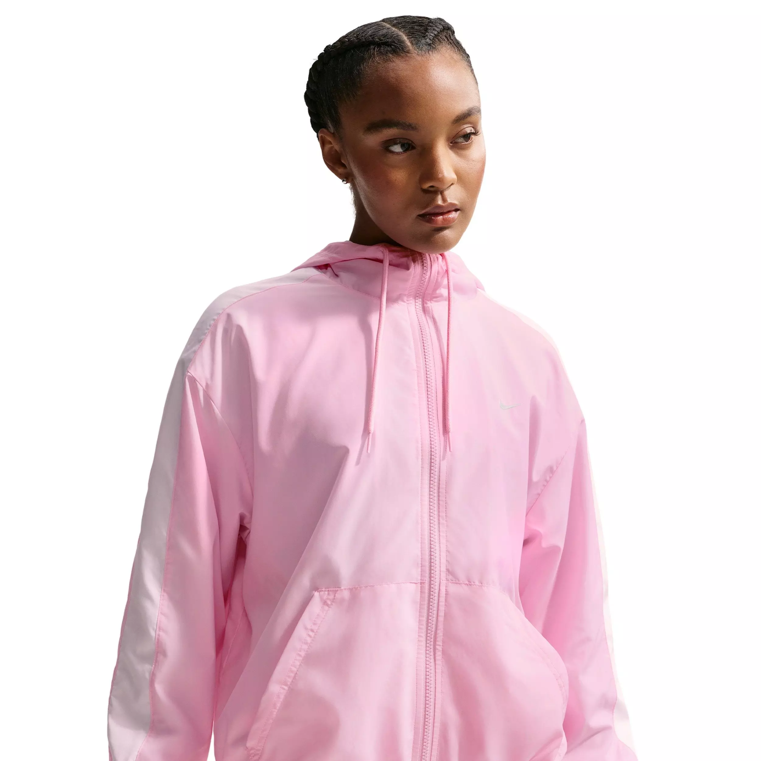 Nike Women's Sportswear Classic Wovens Loose UV Hooded Jacket - PINK/WHITE