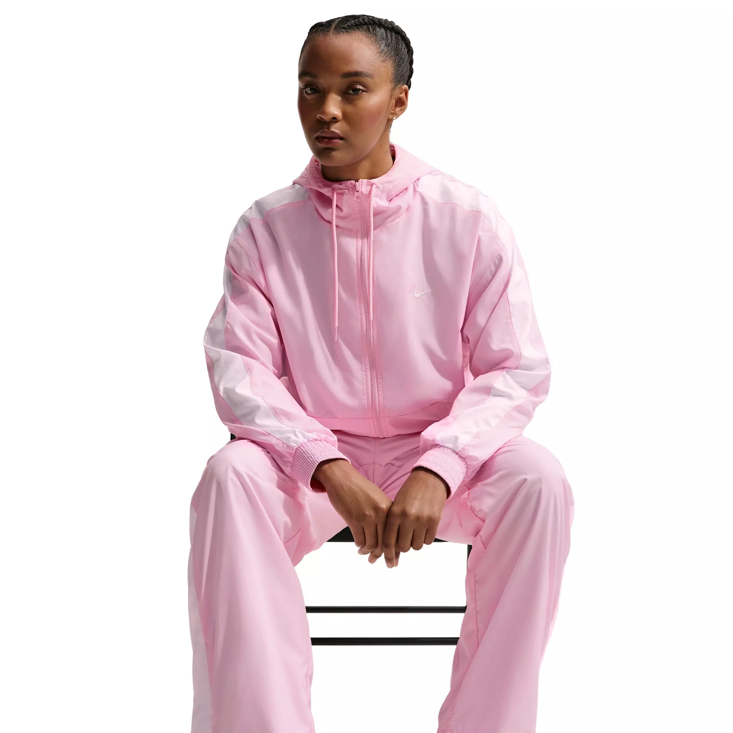 Nike Women's Sportswear Classic Wovens Loose UV Hooded Jacket - PINK/WHITE