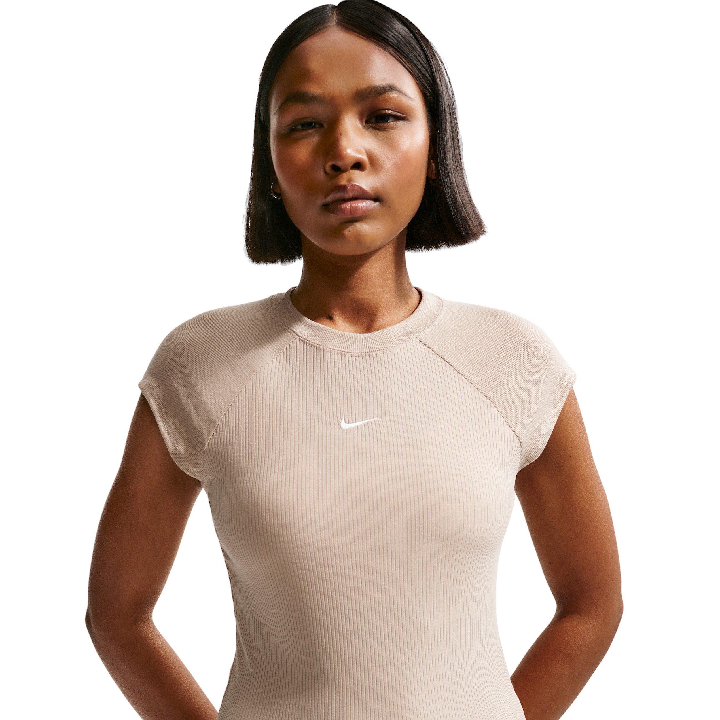 Nike Women's Sportswear Chill Knit Tight Short-Sleeve Ribbed Top - TAN Thumbnail View 3